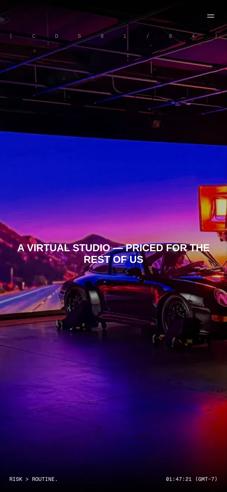 The mobile version presents a vertically oriented, full-screen version of the cinematic studio hero image. The headline is centered in large white text, and the navigation is condensed into a hamburger menu icon in the top right. The layout focuses on a single immersive visual with minimal text elements at the bottom.