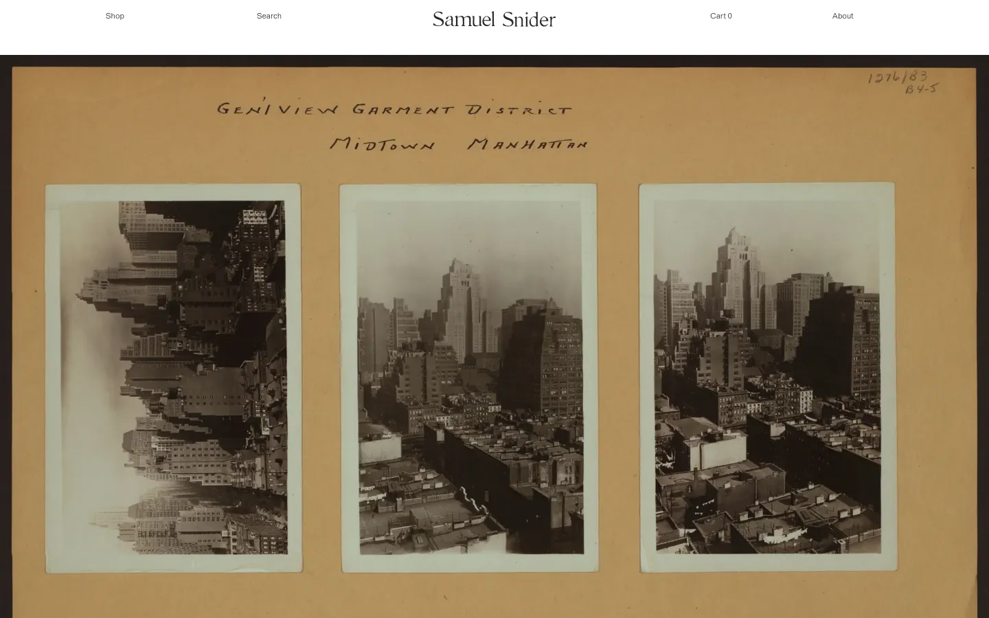 The desktop About page features a minimalist layout with a wide, sepia-toned hero image showing three vintage black-and-white photographs of Manhattan's Garment District mounted on a tan background. The brand name 'Samuel Snider' is centered at the top, flanked by navigation links for Shop, Search, Cart, and About. Below the image, several paragraphs of text describe the brand's history and design philosophy on a clean white background.