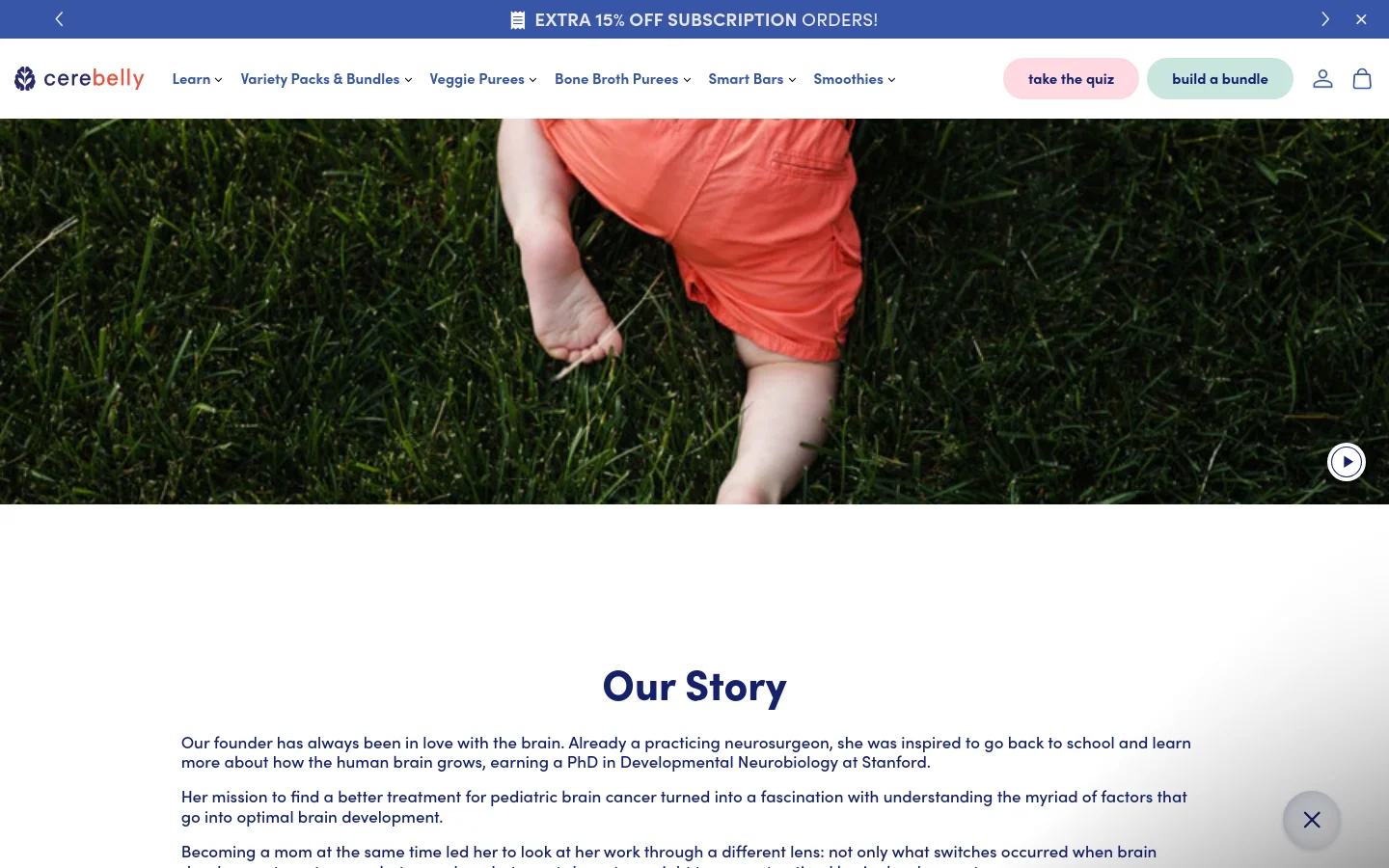 The desktop page features a large hero image of a child in orange shorts crawling on green grass, overlaid with a play button. Below, the 'Our Story' section uses clean typography on a white background to detail the founder's journey, accompanied by a close-up photo of a baby's blue eyes. The navigation bar is white with dark text and includes links for 'Learn', 'Variety Packs', and 'Veggie Purees', alongside 'take the quiz' and 'build a bundle' buttons.