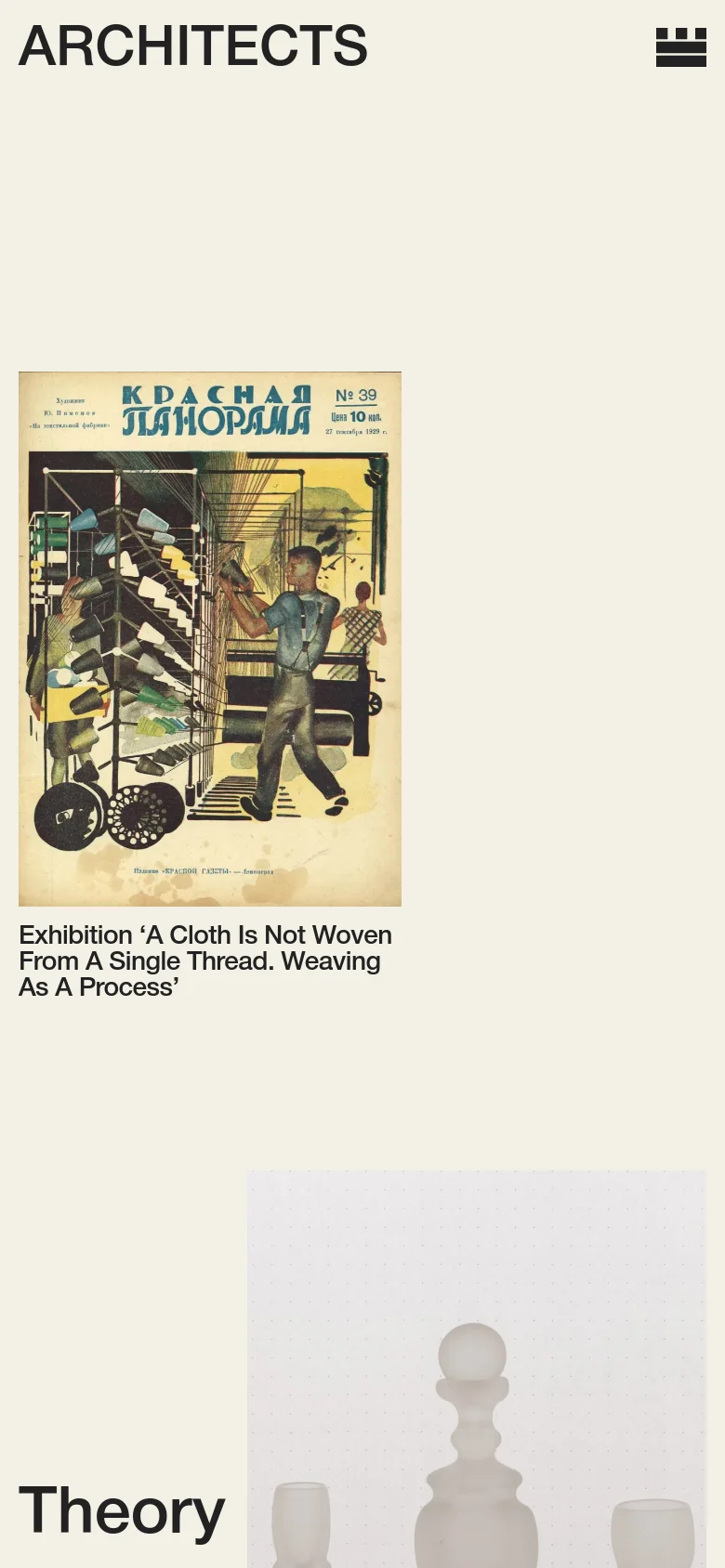 The mobile version maintains the cream background and minimalist aesthetic but transitions to a single-column vertical scroll. The 'ARCHITECTS' logo and menu icon remain at the top, while the article images and text blocks are stacked vertically for easier reading on a smaller screen.