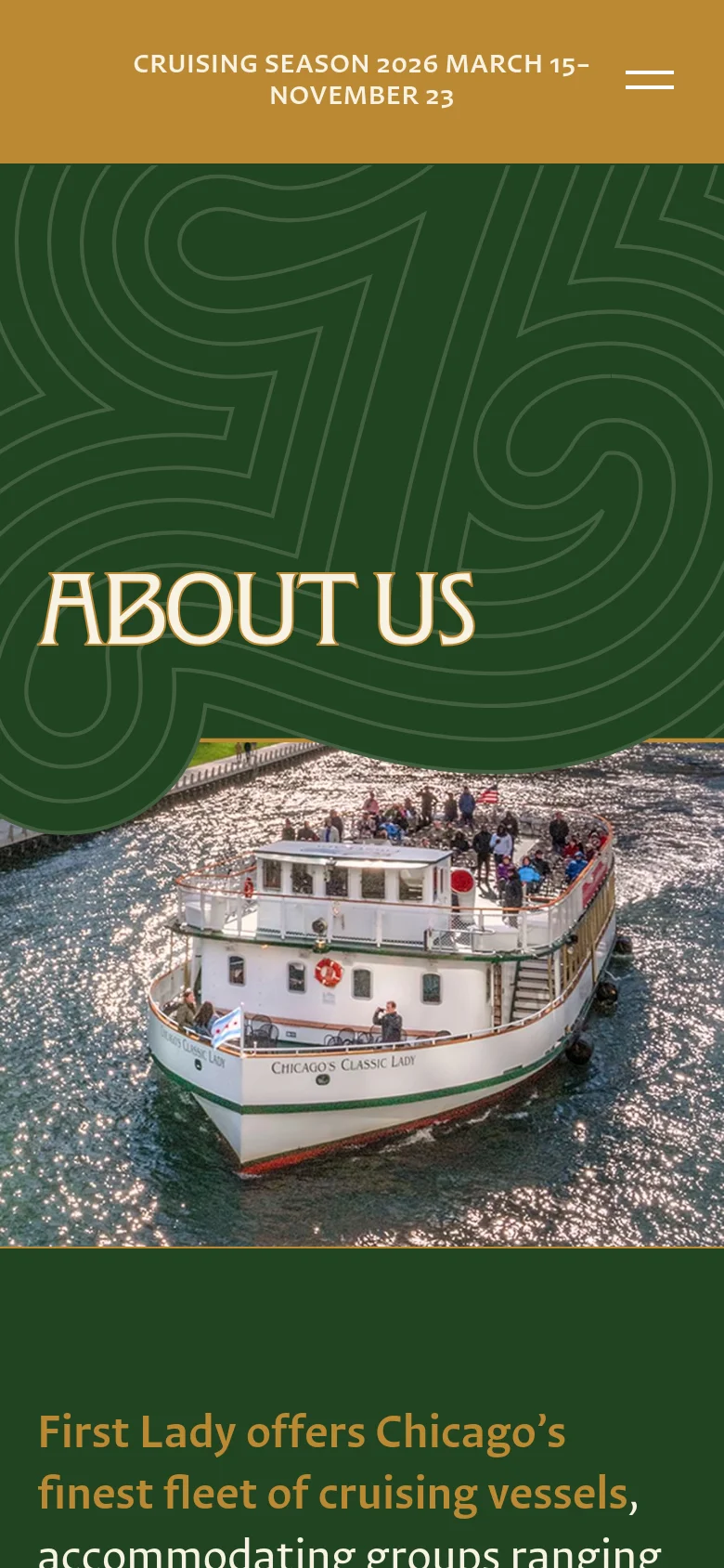 The mobile version uses a simplified layout with a condensed header and a hamburger menu icon. The 'ABOUT US' hero section is vertically stacked, featuring the large title over a dark green pattern and a single large image of a white tour boat on the water below it.