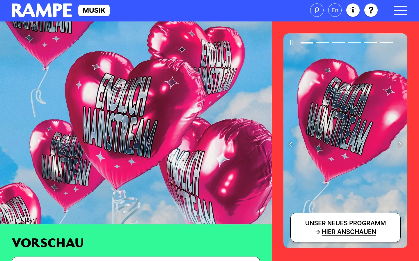The homepage features a blue header with the 'RAMPE MUSIK' logo and navigation icons. The hero section displays a large image of pink heart-shaped balloons against a blue sky with the text 'ENDLICH MAINSTREAM' printed on them. Below the hero image, a bright green section introduces the 'VORSCHAU' (preview) area, and a red-bordered sidebar on the right contains a carousel with a call to action button to view the new program.