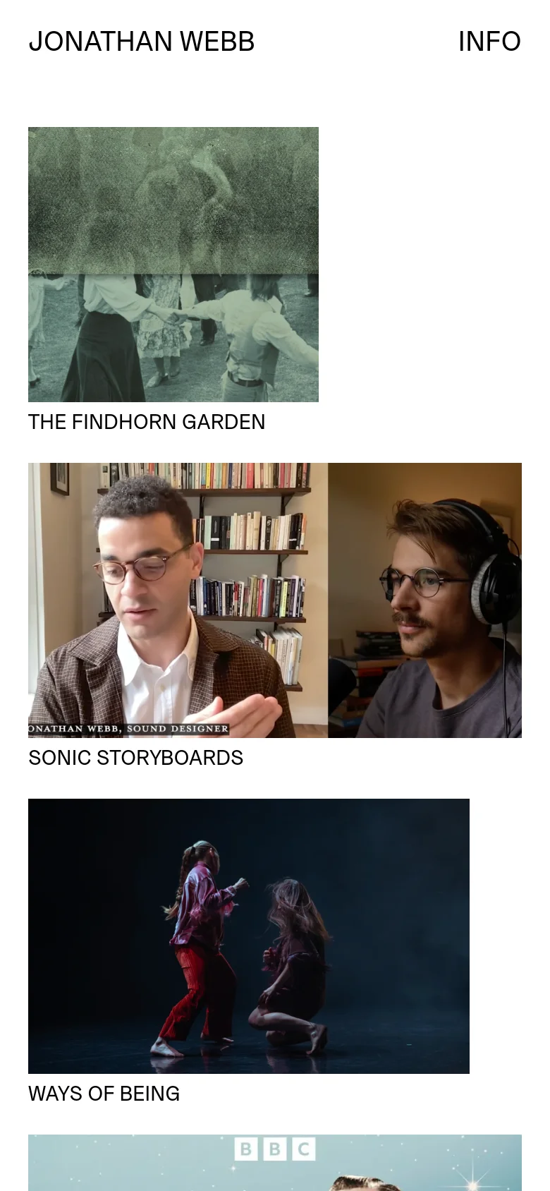 The mobile version maintains the minimalist white header with 'JONATHAN WEBB' and 'INFO' at the top. The project grid transitions to a single-column vertical stack, where each large image is followed by its corresponding title in uppercase text, such as 'THE FINDHORN GARDEN' and 'SONIC STORYBOARDS'.