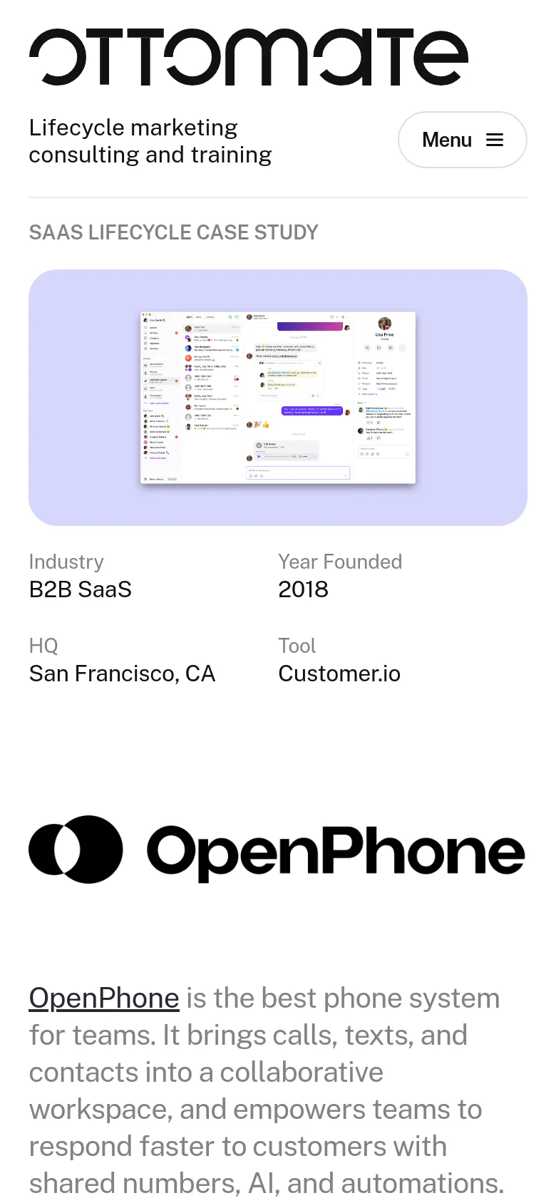 The mobile version presents a simplified vertical layout on a white background. The hero image of the software interface is scaled down, followed by a stacked list of company details including industry, founding year, headquarters, and tools. The OpenPhone logo and introductory text follow in a single-column format.