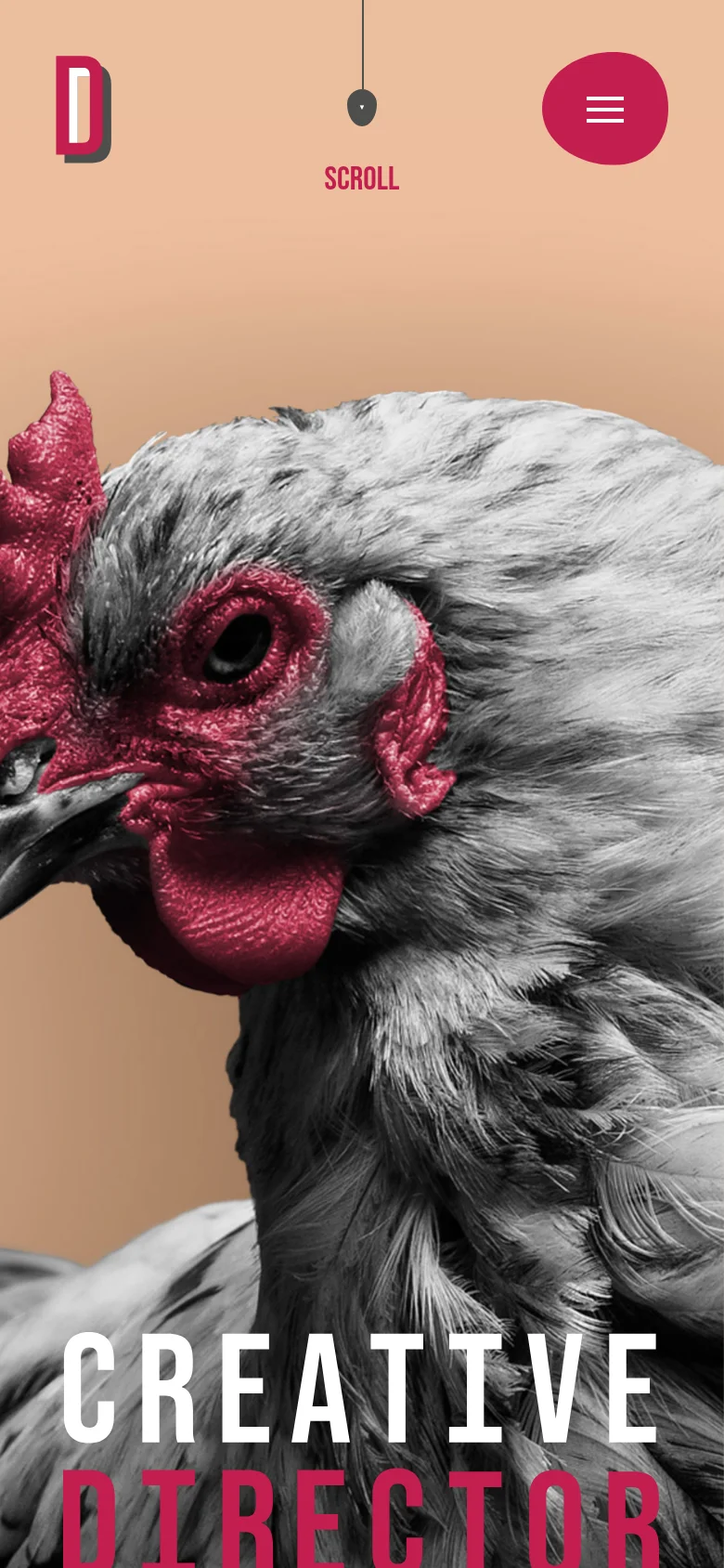 The mobile version shows a zoomed-in view of the chicken's head and red comb, filling most of the screen. The layout is simplified with the 'Denton Design' logo icon on the left, a red circular menu button on the right, and a centered 'SCROLL' indicator with a mouse icon above the chicken's head.