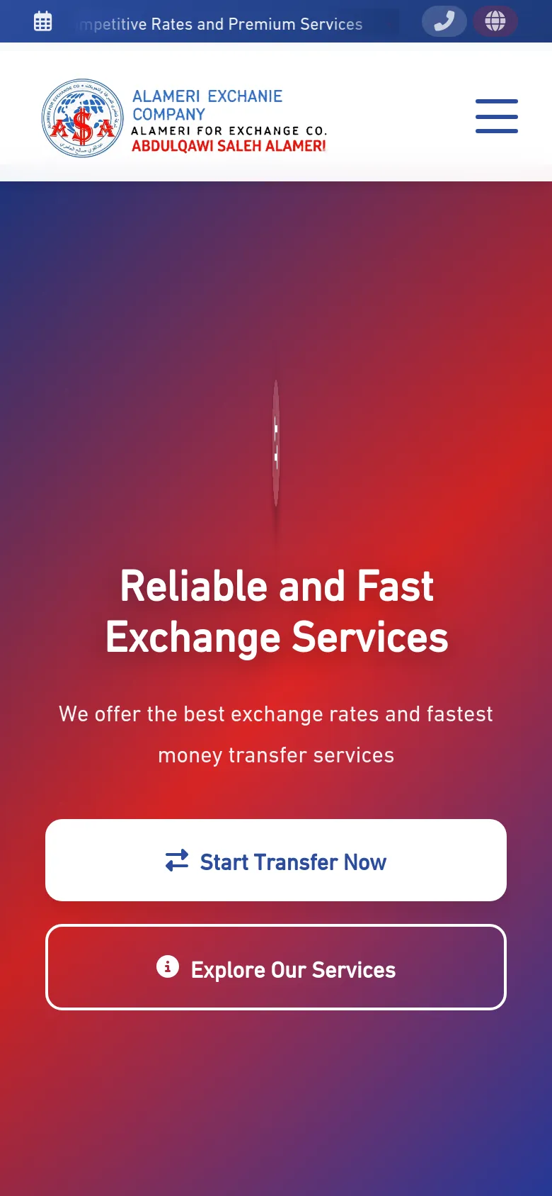 The mobile version simplifies the layout, replacing the top navigation bar with a hamburger menu icon next to the company logo. The hero section remains prominent with the red and purple gradient, centered headline, and large, stacked call-to-action buttons for 'Start Transfer Now' and 'Explore Our Services' to accommodate touch interaction.