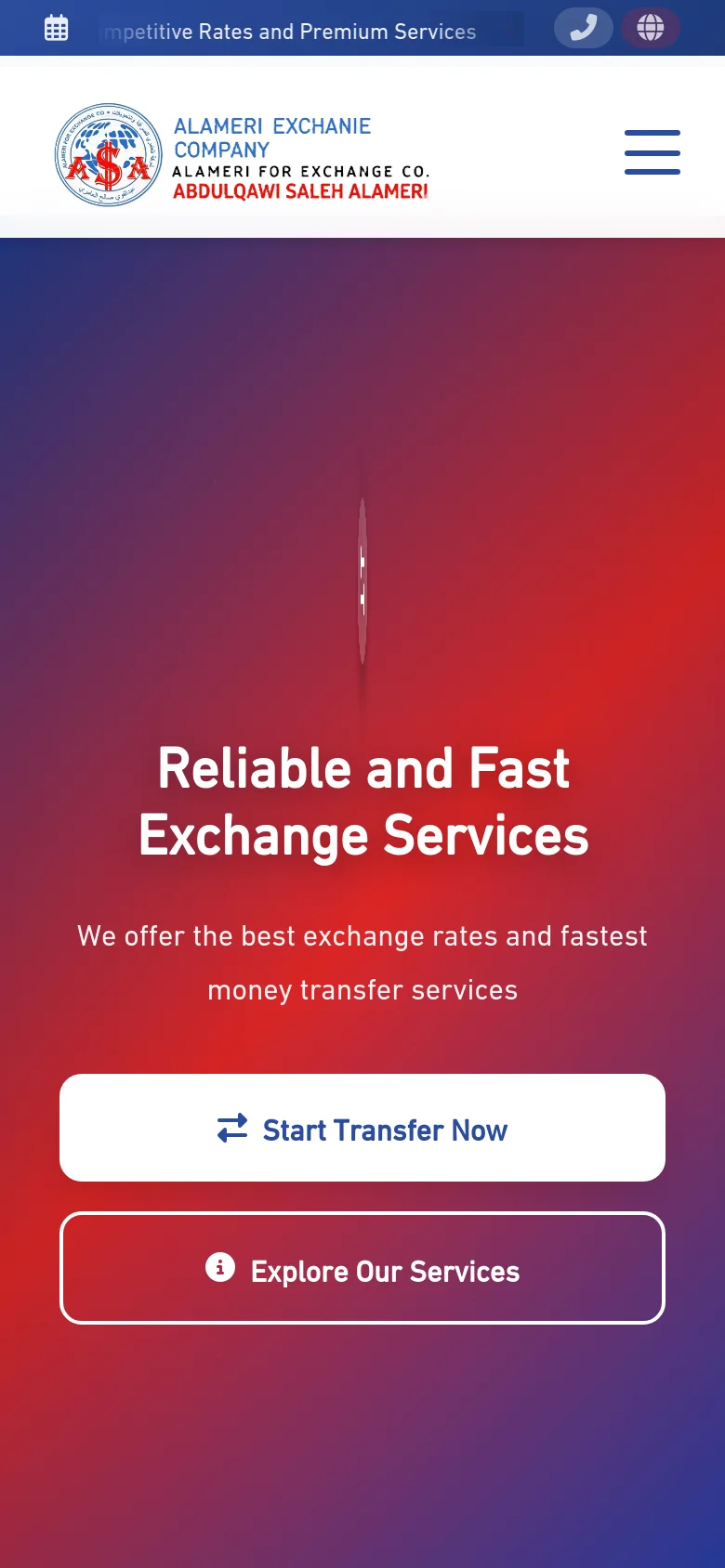 The mobile version simplifies the layout, replacing the top navigation bar with a hamburger menu icon next to the company logo. The hero section remains prominent with the red and purple gradient, centered headline, and large, stacked call-to-action buttons for 'Start Transfer Now' and 'Explore Our Services' to accommodate touch interaction.