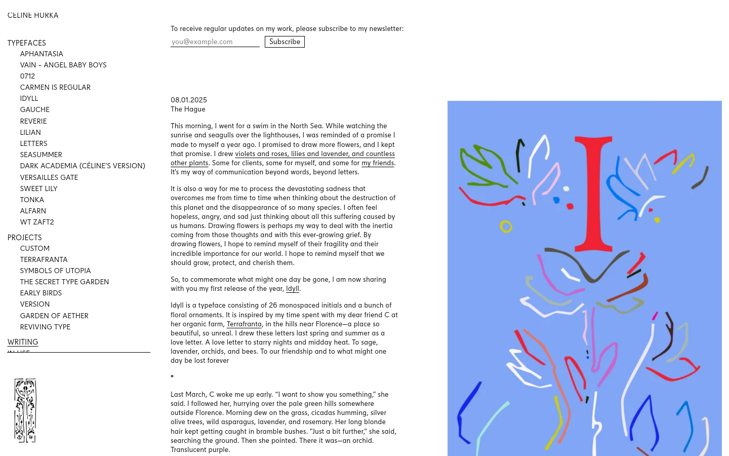 A minimalist website page with a white background and black text. A vertical navigation menu is on the left, and the main content area features a newsletter subscription field and a long-form text entry titled with a date and location. To the right of the text, a large, abstract, colorful illustration in blue, red, and white fills the space.
