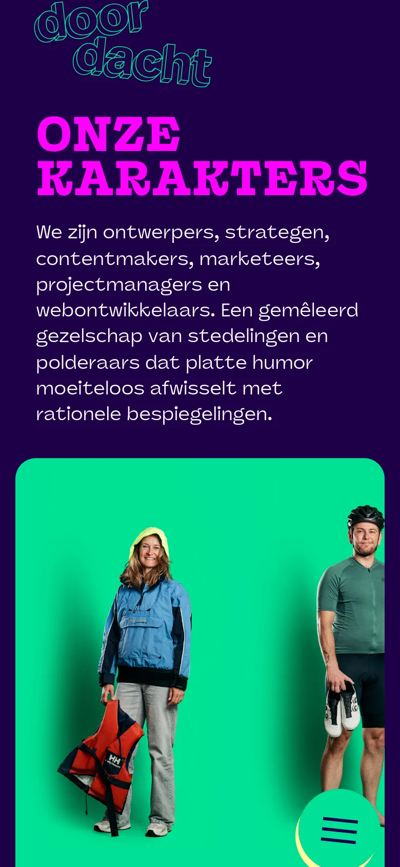 The mobile version maintains the dark purple header and pink typography but stacks the content vertically. The team member portraits are shown in a single-column layout, and a circular green menu button is positioned in the bottom right corner.