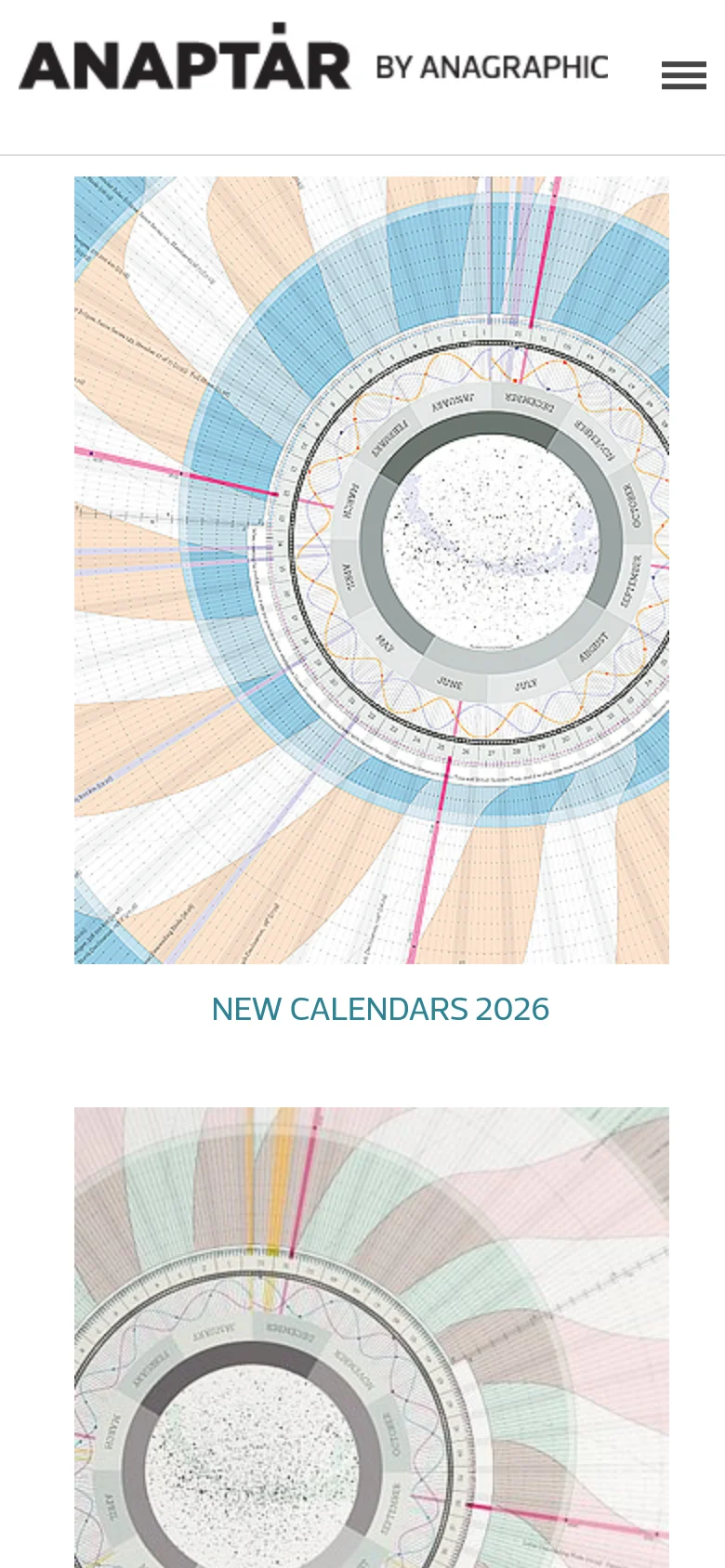 The mobile version simplifies the layout into a single-column view, focusing on large, high-detail imagery of the calendar products. The top navigation is replaced by a hamburger menu icon, and the product sections are stacked vertically. The dominant colors remain white, light blue, and dark grey, maintaining the brand's minimalist aesthetic.