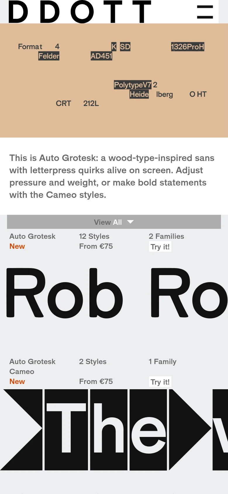 The mobile version presents a vertically stacked layout of the DDOTT homepage. The hero section remains prominent with large typography, but the navigation and product details are condensed into a single column for easier scrolling. The tan and white color scheme is maintained, emphasizing the bold black typefaces.