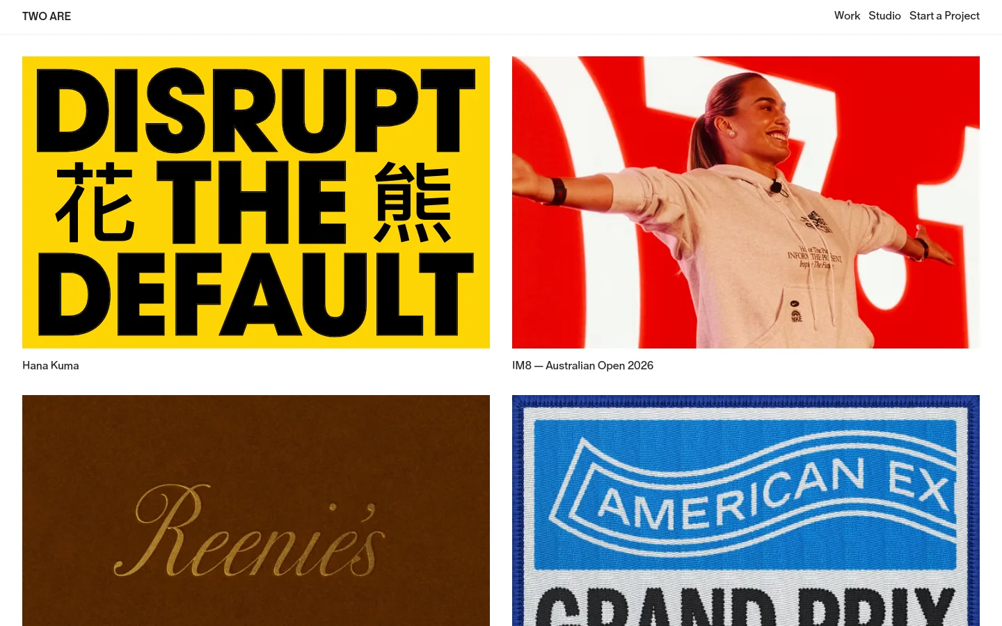 The desktop Work page features a minimalist white background with a navigation menu at the top. A grid layout displays large, high-impact project tiles including bold typography for Hana Kuma and vibrant photography for IM8 and Reenie's.