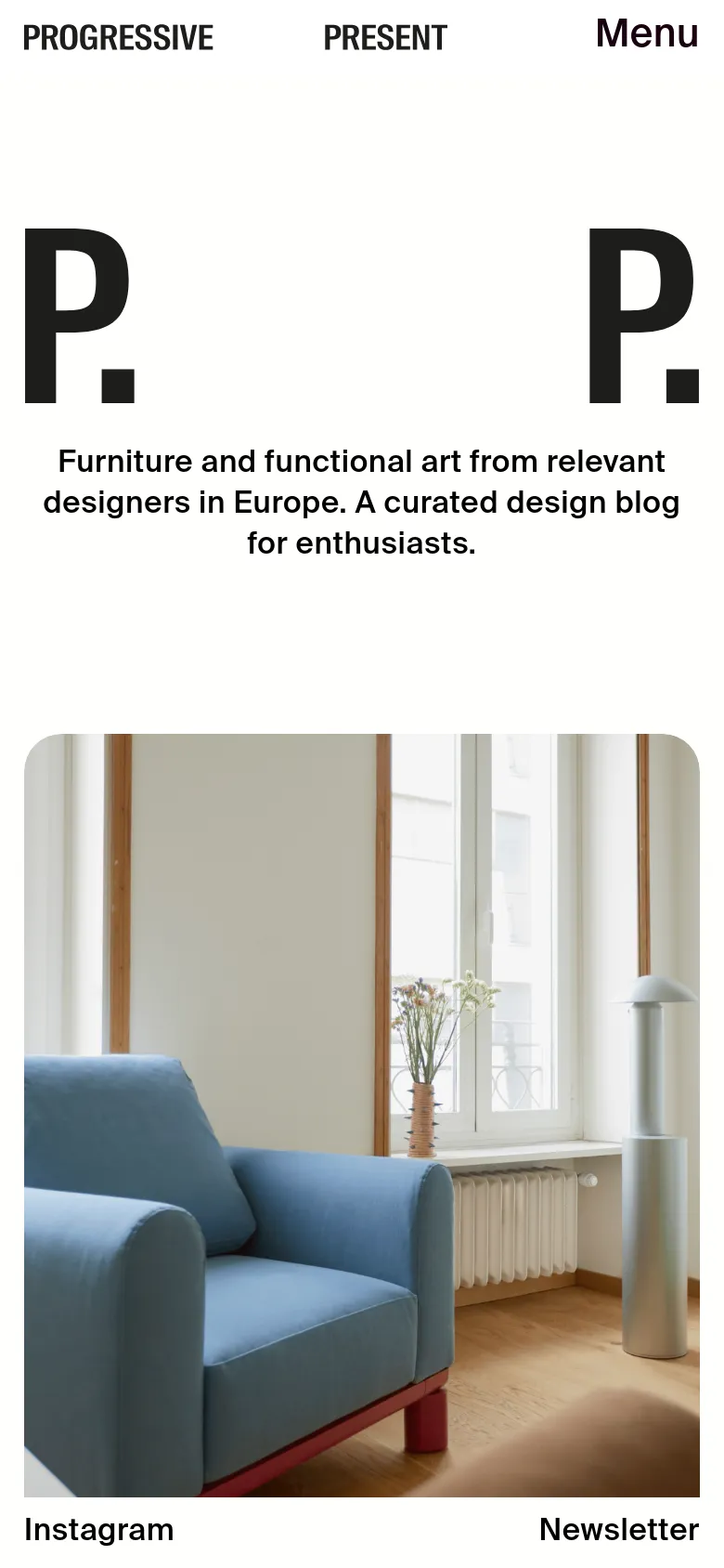 The mobile version presents a simplified vertical layout with the 'P.' logo and site description centered at the top. The navigation is condensed into a 'Menu' button, and the featured content consists of a large, full-width image of a blue sofa followed by a text headline.