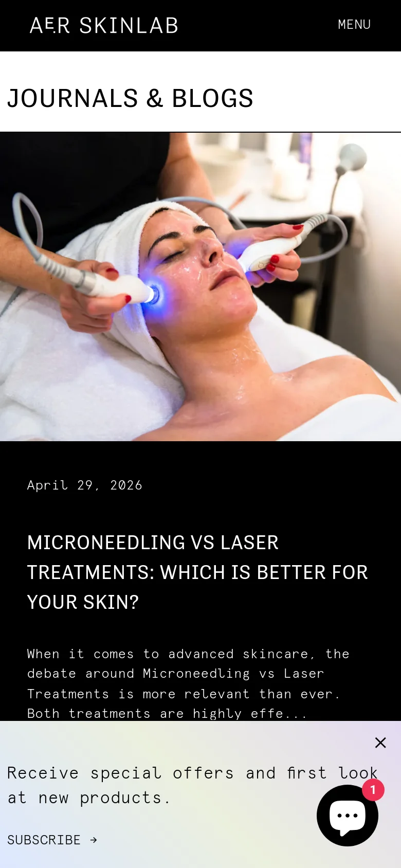 The mobile version presents a simplified vertical layout with a white background for the header and 'JOURNALS & BLOGS' title. The hero image of a facial treatment spans the width of the screen, followed by the blog post title and text on a black background. A floating chat icon and a subscription prompt are visible at the bottom of the screen.
