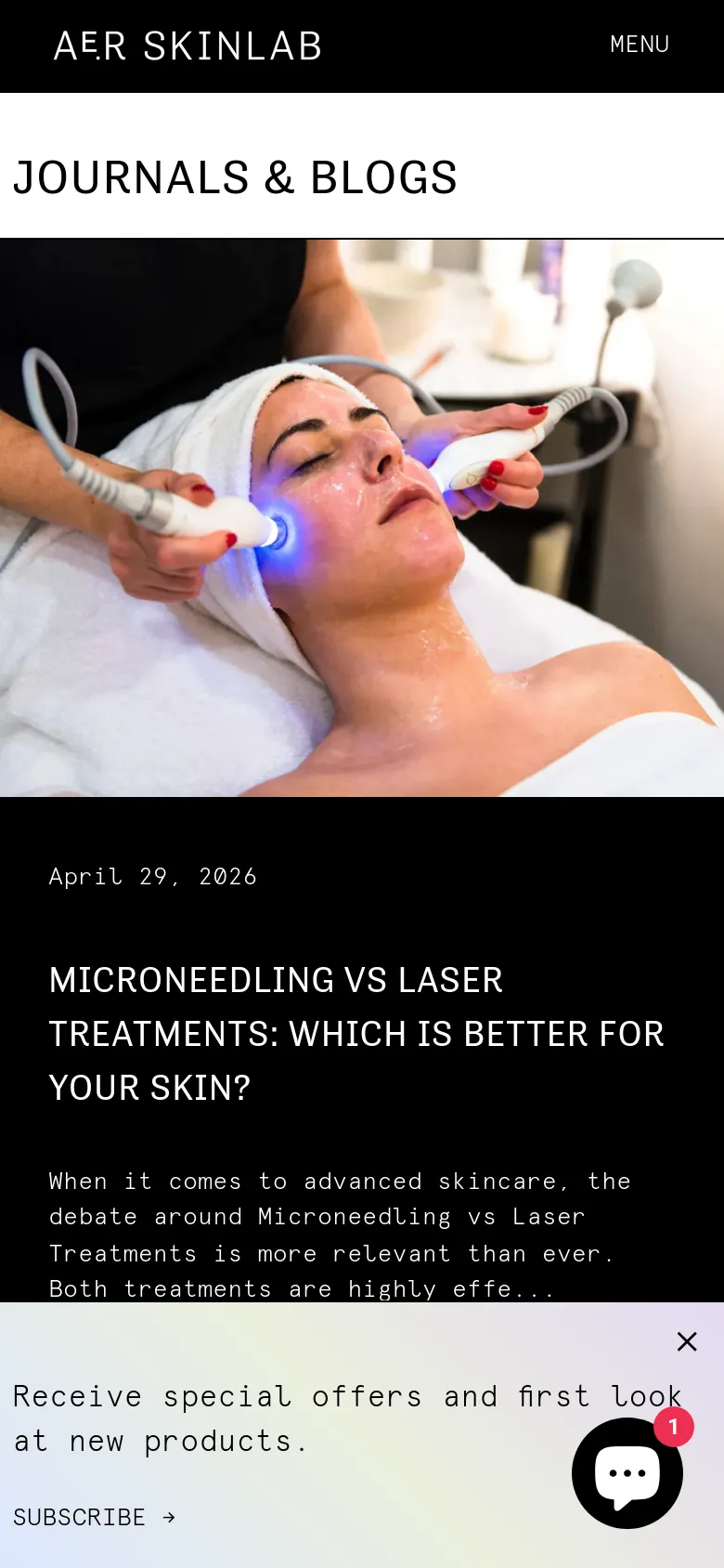 The mobile version presents a simplified vertical layout with a white background for the header and 'JOURNALS & BLOGS' title. The hero image of a facial treatment spans the width of the screen, followed by the blog post title and text on a black background. A floating chat icon and a subscription prompt are visible at the bottom of the screen.