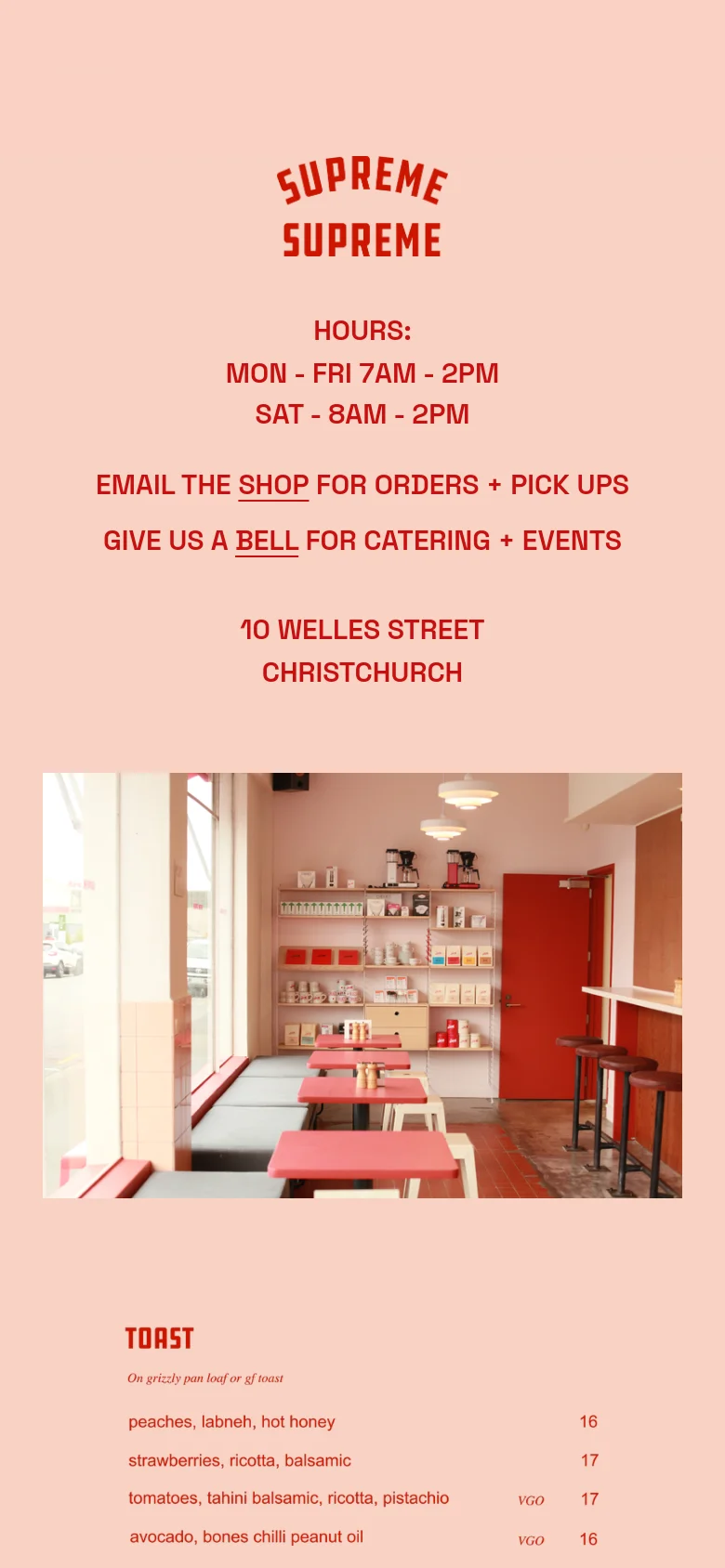 The mobile version maintains the peach background and red text but uses a centered, single-column layout for better readability on small screens. The text elements, including the logo, hours, and contact links, are stacked vertically above the interior cafe photograph.