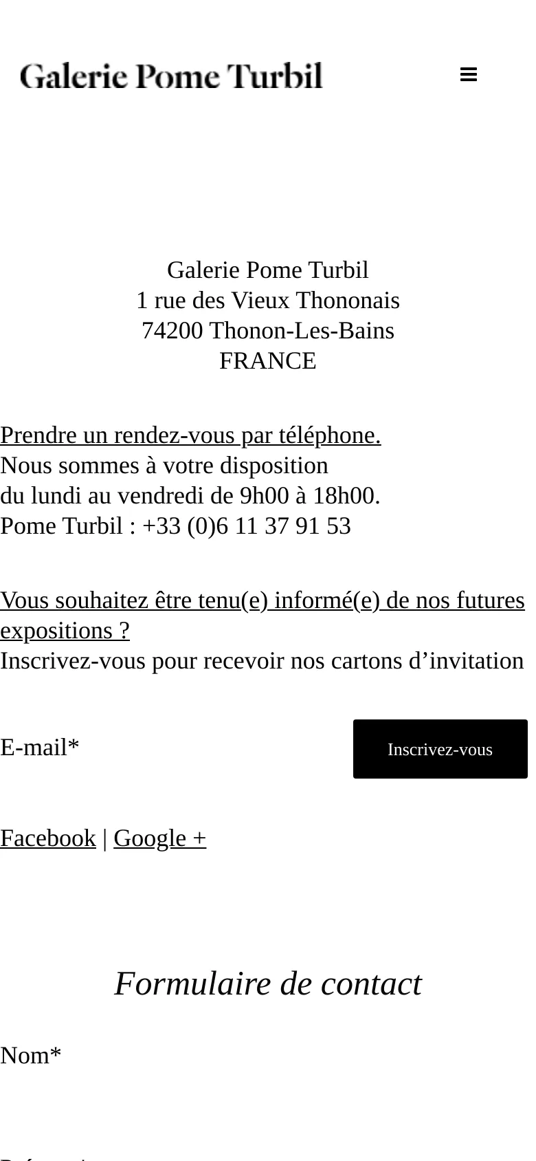 The mobile version presents a single-column vertical layout optimized for small screens. The contact information, newsletter subscription prompt, and contact form are stacked vertically, with the navigation menu collapsed into a hamburger icon at the top right. The dominant colors remain white and black, maintaining the brand's minimalist aesthetic.