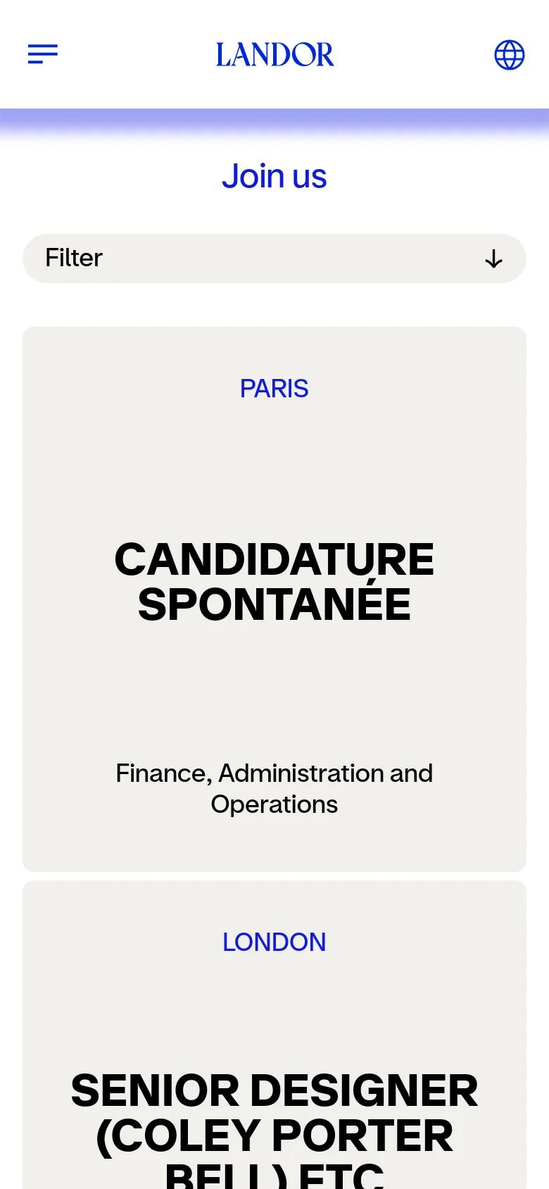 Landor mobile careers page with a stacked layout. The Join us headline is followed by a prominent dropdown filter button, with job listings appearing as full-width cards containing location, title, and department text.
