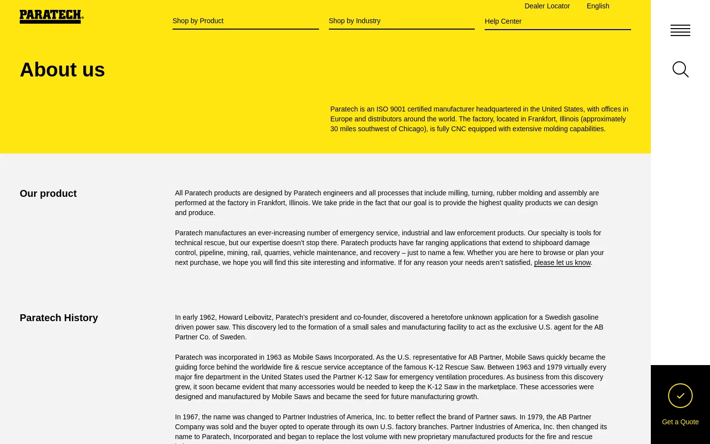 The About Us page features a bright yellow hero section with the Paratech logo, a large 'About us' headline, and a brief company overview. Below, a clean white layout contains two main text sections titled 'Our product' and 'Paratech History' with black text. The desktop navigation includes links for Shop by Product, Shop by Industry, and Help Center, along with a search icon and a hamburger menu.