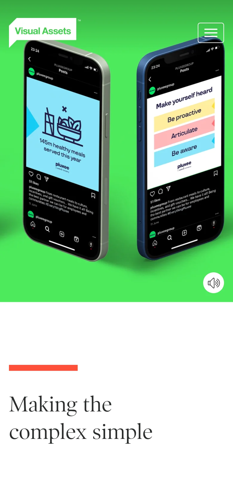 The mobile version maintains the bright green theme but uses a condensed layout. The navigation is tucked into a hamburger menu icon in the top right, and the hero imagery of the smartphones remains the central focus. The large headline and project links are stacked vertically for easier scrolling on a smaller screen.
