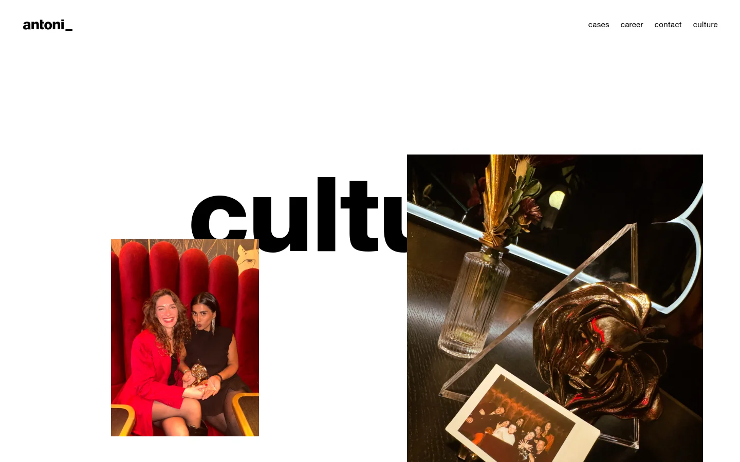 The desktop page features a minimalist white background with a large, bold black headline reading 'culture' that is partially obscured by a collage of rectangular photographs. The images show people at social events, awards, and celebrations, arranged in an overlapping, asymmetrical grid layout.