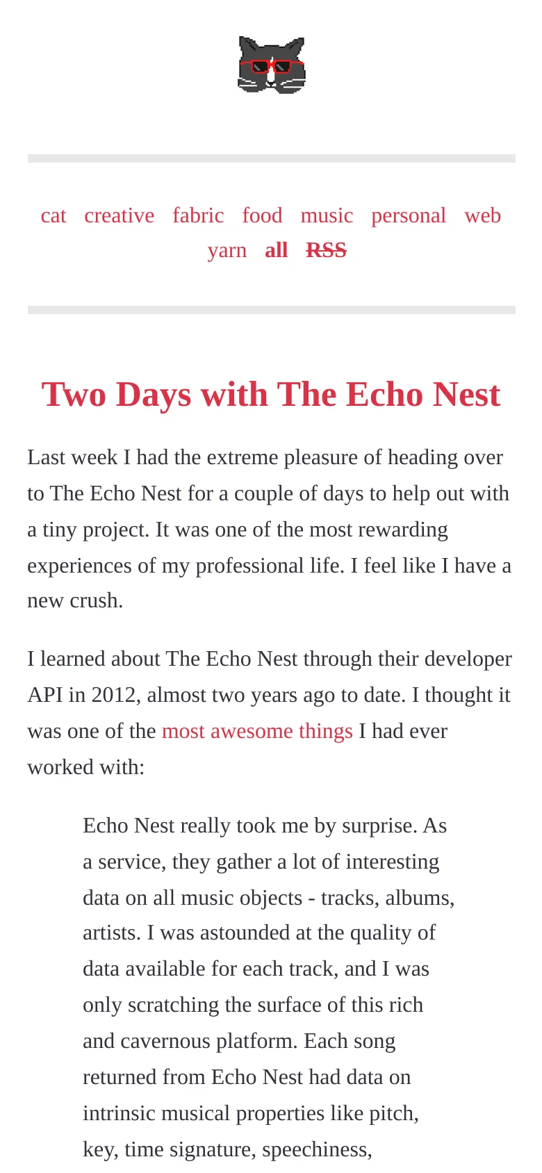 The mobile version maintains the minimalist white layout and red text theme. The category links are stacked more closely, and the large red headline and body text are scaled to fit the narrower vertical viewport.