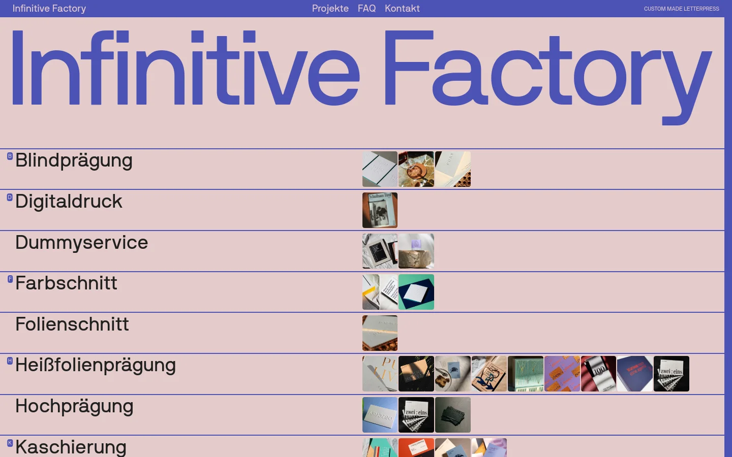 The desktop homepage features a large blue 'Infinitive Factory' headline on a light lavender background. Below, a vertical list of printing services like 'Blindprägung' and 'Digitaldruck' is displayed, each accompanied by small square preview images on the right. A navigation bar at the top includes links for Projekte, FAQ, and Kontakt.
