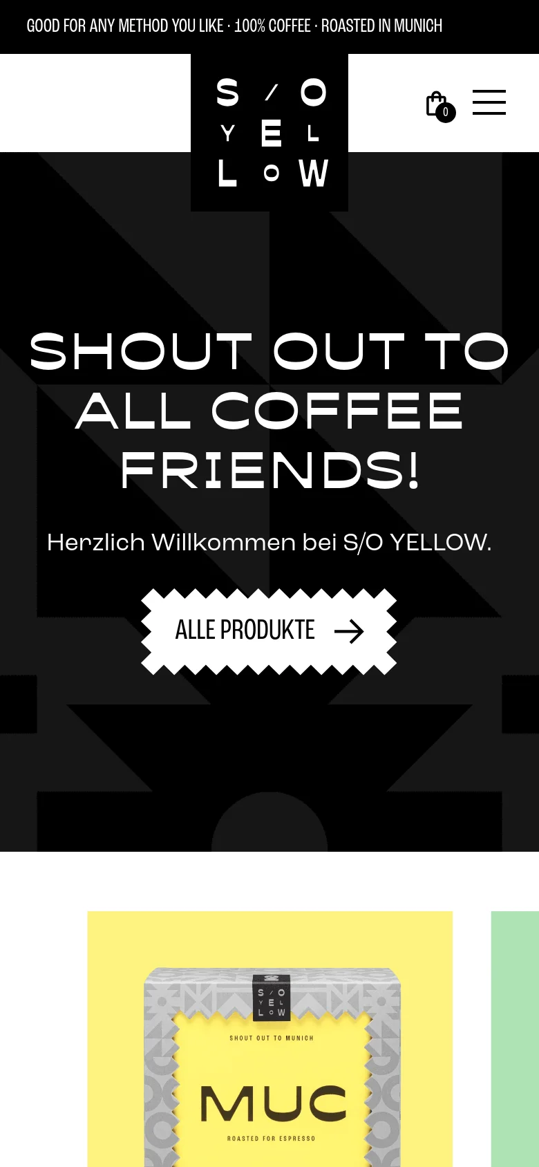 The mobile version presents a vertically stacked layout with the black hero section and large white typography at the top. The 'ALLE PRODUKTE' button is centered, and the product grid below transitions to a single-column view. The header is condensed, featuring a centered logo, a shopping bag icon, and a hamburger menu icon.