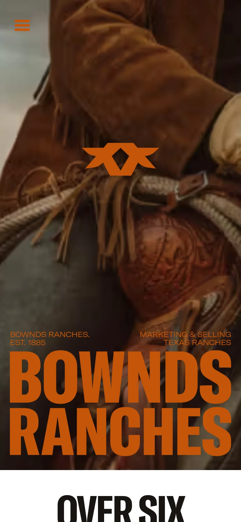 The mobile version maintains the large hero image of the rider, but the navigation is condensed into a hamburger menu icon in the top left. The large orange brand title remains prominent at the bottom of the hero section, and the content below scales vertically for easier scrolling on a narrow screen.