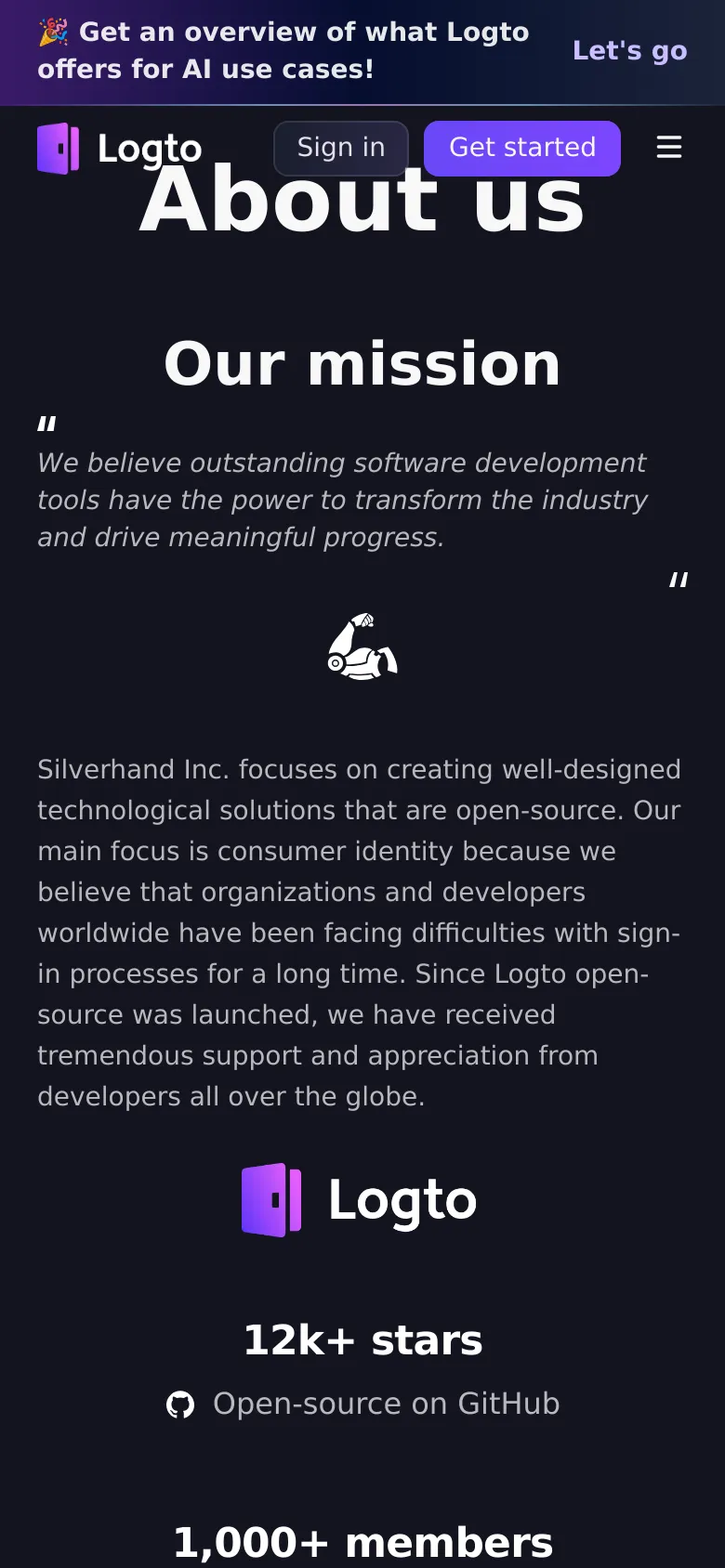The mobile version maintains the dark theme and mission statement but uses a simplified vertical layout. The top navigation is condensed into a hamburger menu icon next to the Logto logo, with 'Sign in' and 'Get started' buttons prominently displayed below the main 'About us' and 'Our mission' headings.