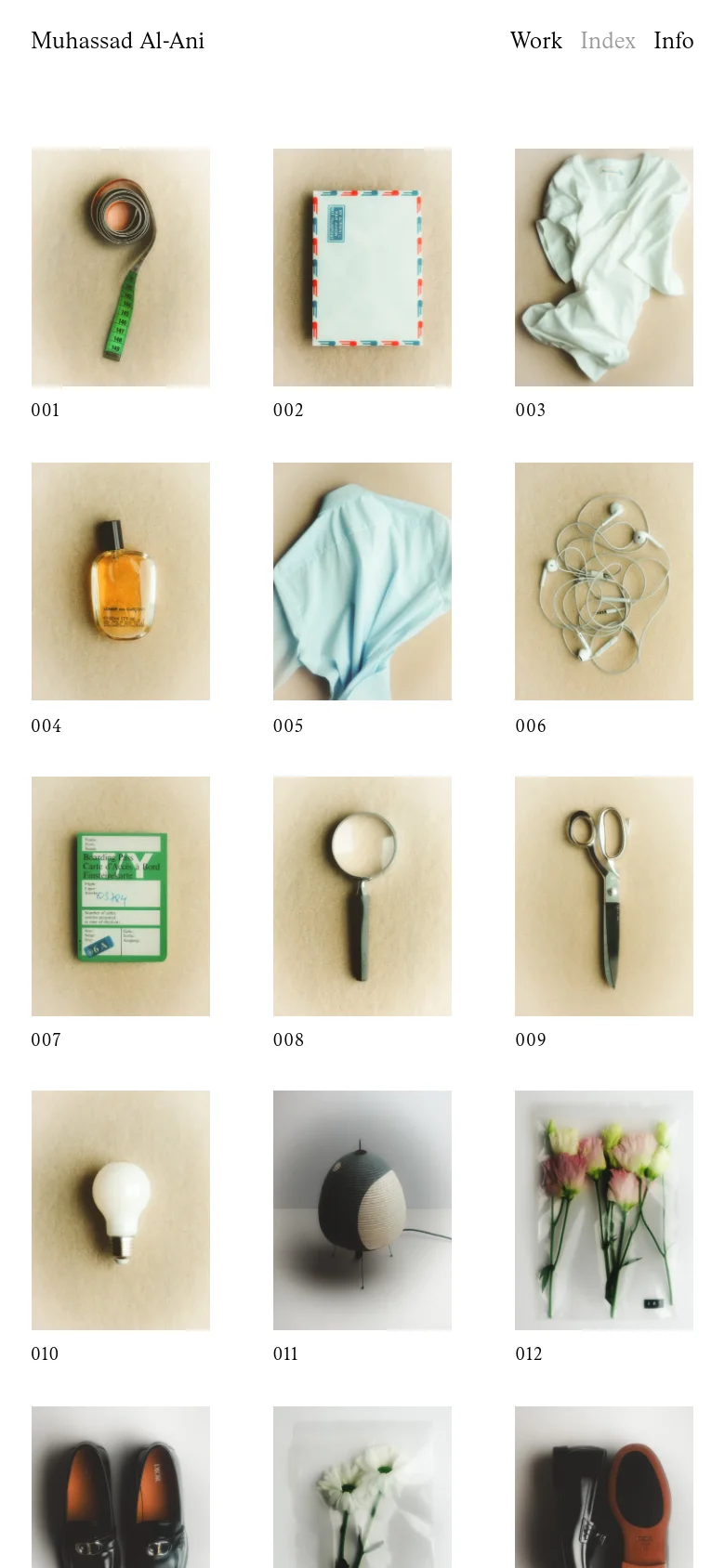 The mobile version displays the same grid of numbered photographic studies of objects, but the layout shifts to a single-column vertical scroll. The header remains at the top with the artist's name and navigation links, maintaining the clean, minimalist aesthetic with a neutral color palette.