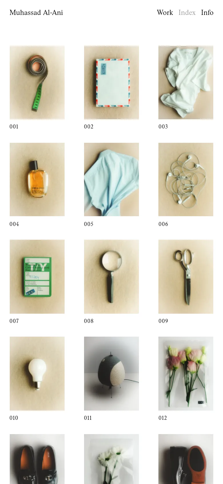 The mobile version displays the same grid of numbered photographic studies of objects, but the layout shifts to a single-column vertical scroll. The header remains at the top with the artist's name and navigation links, maintaining the clean, minimalist aesthetic with a neutral color palette.