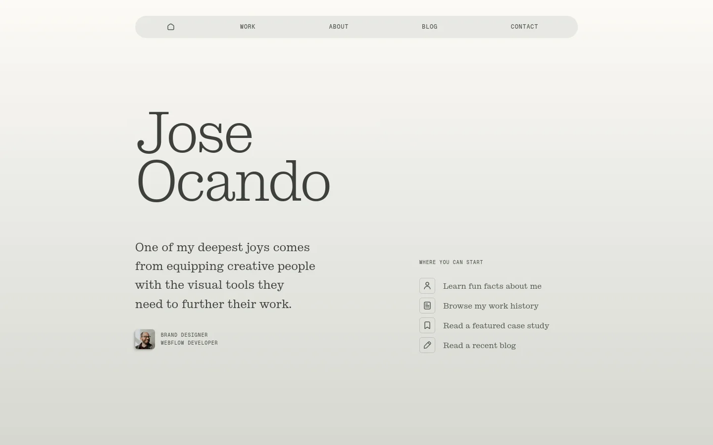 The desktop homepage features a minimalist design with a light grey background and large, elegant serif typography for the name 'Jose Ocando'. A brief introductory text is positioned on the left, accompanied by a small circular portrait of Jose Ocando, while the right side contains a navigation list with icons for learning about him, browsing work, reading case studies, and reading a blog. A clean navigation bar is centered at the top.