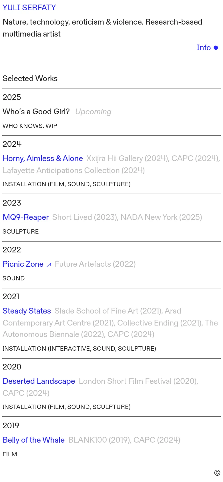 The mobile version maintains the minimalist white and black aesthetic but uses a single-column vertical layout optimized for scrolling. The header is condensed, and the list of selected works remains the central focus, with text spanning the full width of the screen for readability on smaller devices.