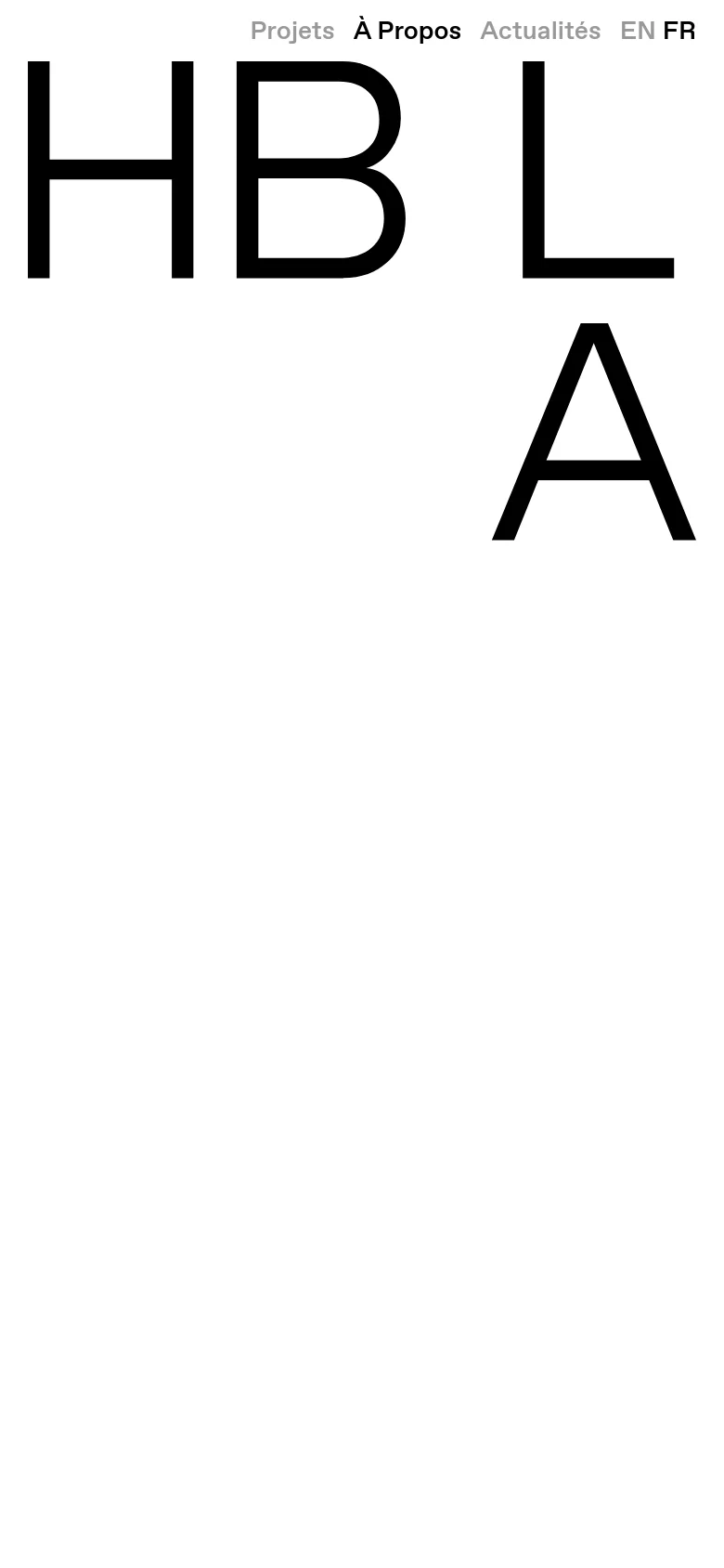 The mobile version simplifies the layout, focusing on the large 'HBLA' logo at the top. The navigation menu is condensed, and the content is stacked vertically, removing the side-by-side arrangement of text and the office photograph seen on desktop.