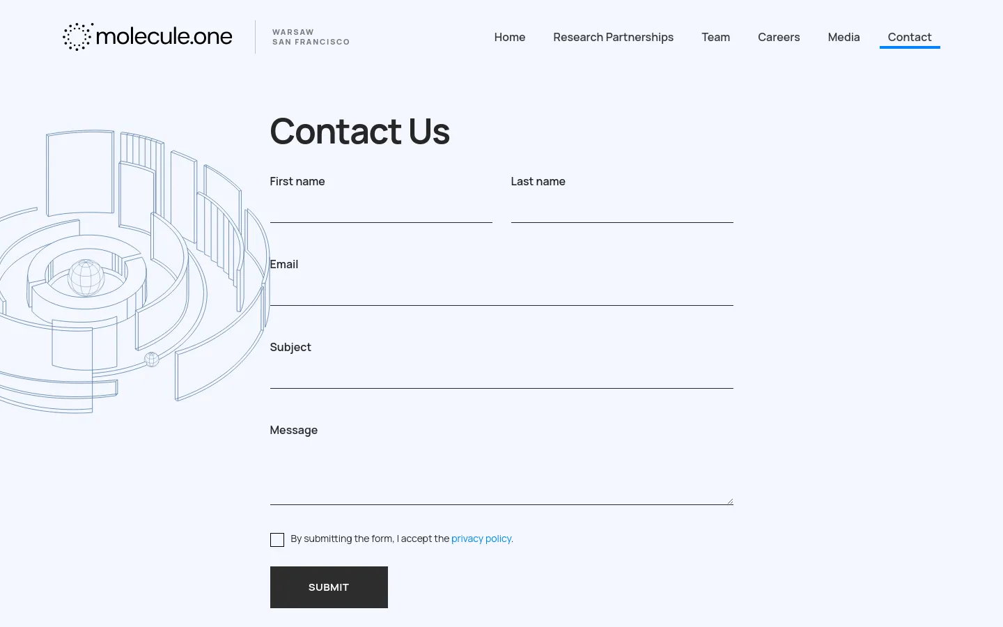 The desktop Contact Us page features a clean, white background with a large blue line-art technical illustration on the left. A contact form with fields for First name, Last name, Email, Subject, and Message is positioned on the right, ending with a dark 'SUBMIT' button and a privacy policy checkbox.