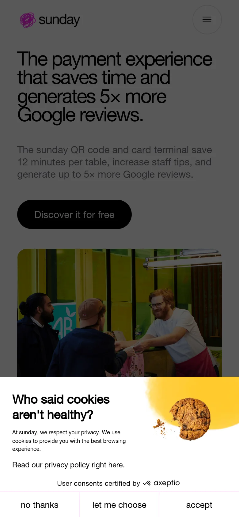 The mobile version presents a vertically stacked layout with the large headline at the top, followed by the descriptive text and a prominent 'Discover it for free' call-to-action button. The hero image is positioned below the button, and the cookie consent banner occupies the bottom portion of the screen.