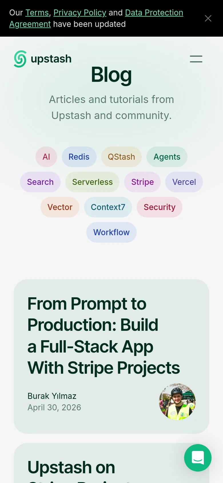 The mobile version maintains the light mint green theme but shifts to a single-column layout for better readability. The category tags wrap into multiple rows, and the blog post cards stack vertically, showing the title, author, date, and circular profile image in a single column.