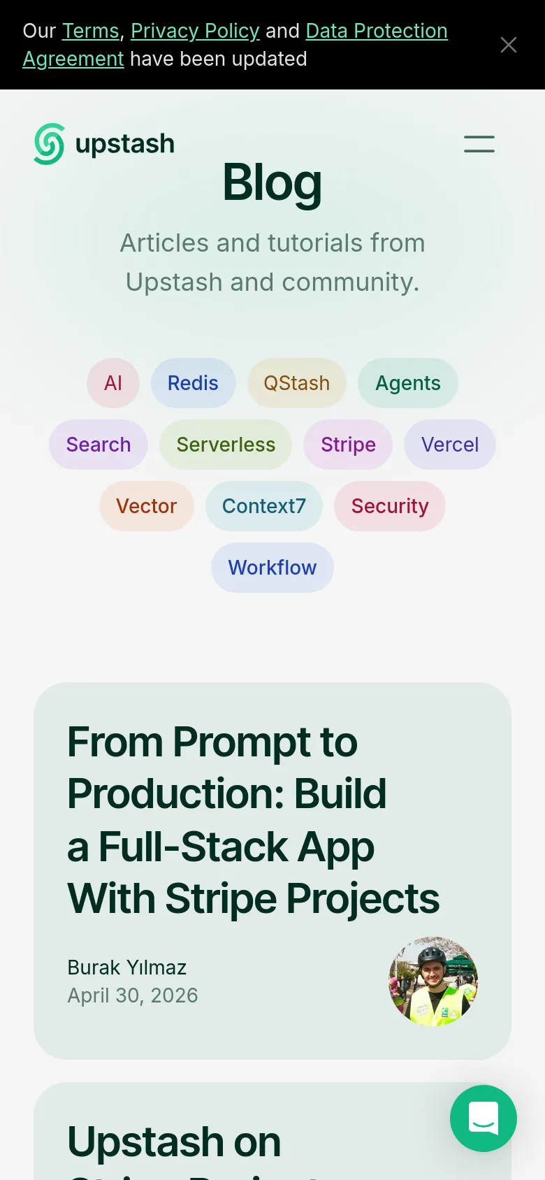 The mobile version maintains the light mint green theme but shifts to a single-column layout for better readability. The category tags wrap into multiple rows, and the blog post cards stack vertically, showing the title, author, date, and circular profile image in a single column.