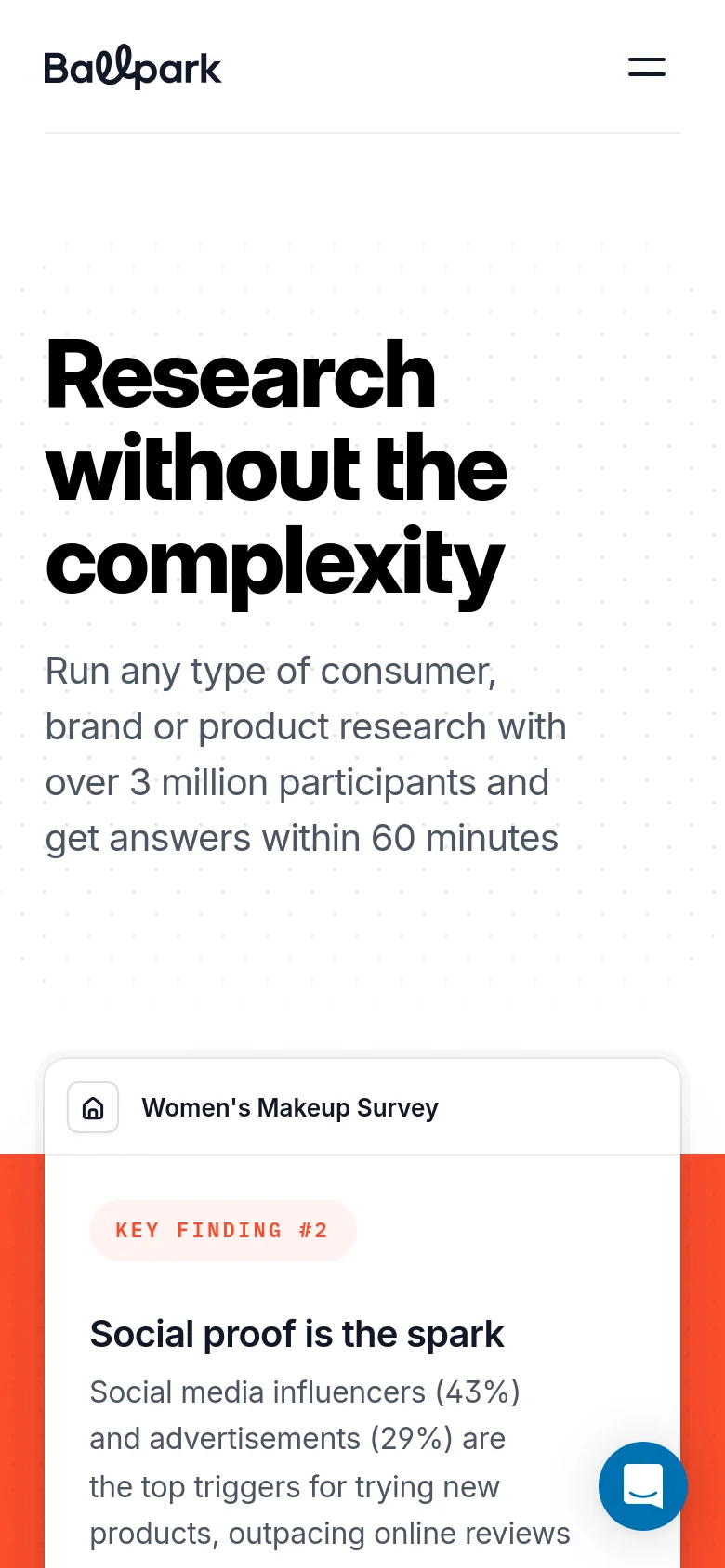 The mobile version simplifies the layout, replacing the horizontal navigation bar with a hamburger menu icon next to the Ballpark logo. The hero section features the same large, bold headline and subheadline, but the content is stacked vertically to fit the narrow screen, leading into a survey insight card.