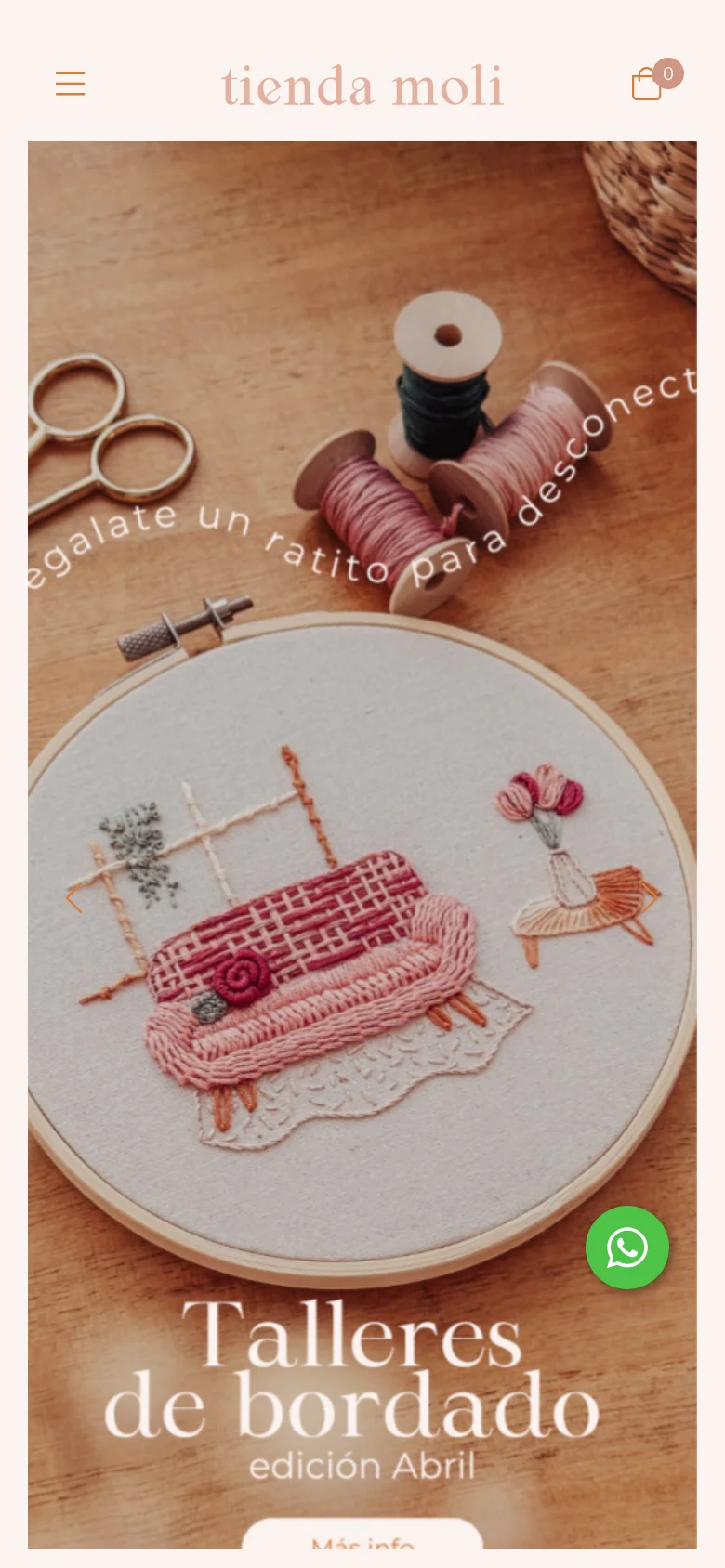 The mobile version presents a simplified vertical layout with a hamburger menu and a prominent logo at the top. The hero section displays a close-up of embroidery work with the text 'Talleres de bordado' and a floating WhatsApp button in the bottom right corner.
