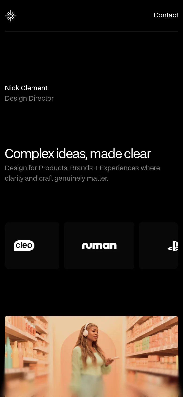 The mobile version maintains the dark aesthetic with a stacked vertical layout. The headline and subtext are centered, followed by large, touch-friendly tiles for client logos like Cleo and Numan, and a full-width project image at the bottom.