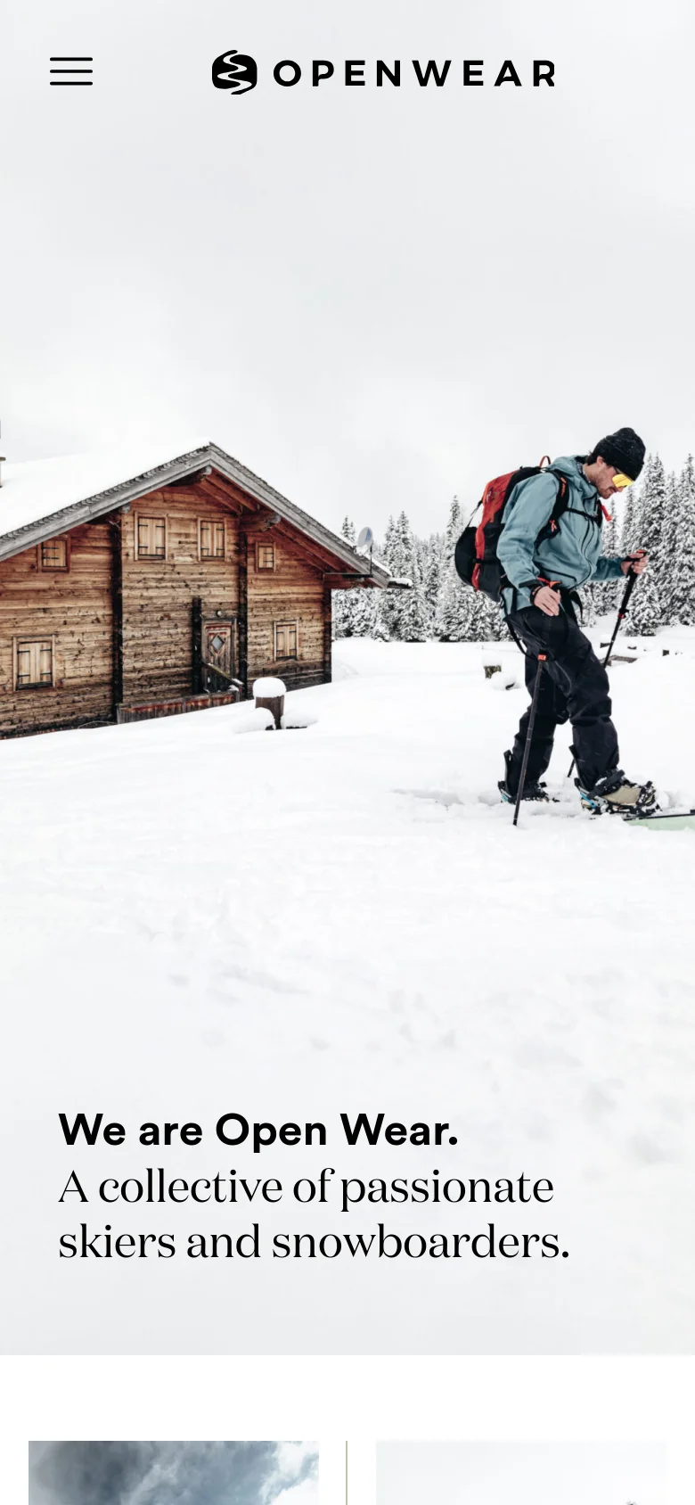 The mobile version presents a vertically stacked layout starting with a full-width hero image of a skier in the snow and the brand headline. The navigation is condensed into a hamburger menu icon next to the Open Wear logo at the top. Content sections like community posts and product links follow in a single-column scrolling format.