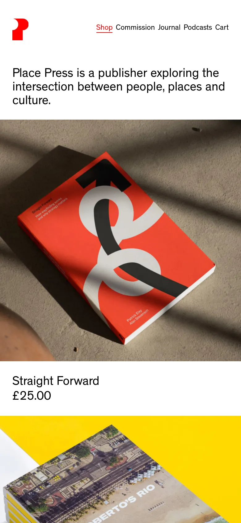 The mobile version maintains the minimalist aesthetic but stacks elements vertically, placing the red logo and navigation menu above the mission statement. The hero image of the red book remains prominent, though the layout is condensed to fit the narrower screen width.