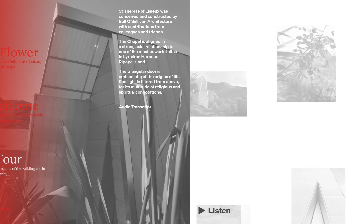 The desktop page features a large, artistic hero image with a red gradient overlay on the left side, showing architectural details and foliage. White text overlays the image, including the headline 'Audio Tour' and descriptive paragraphs about the chapel's design. A 'Listen' call to action with a play icon is visible at the bottom, and a 'Audio Transcript' link is positioned in the center.