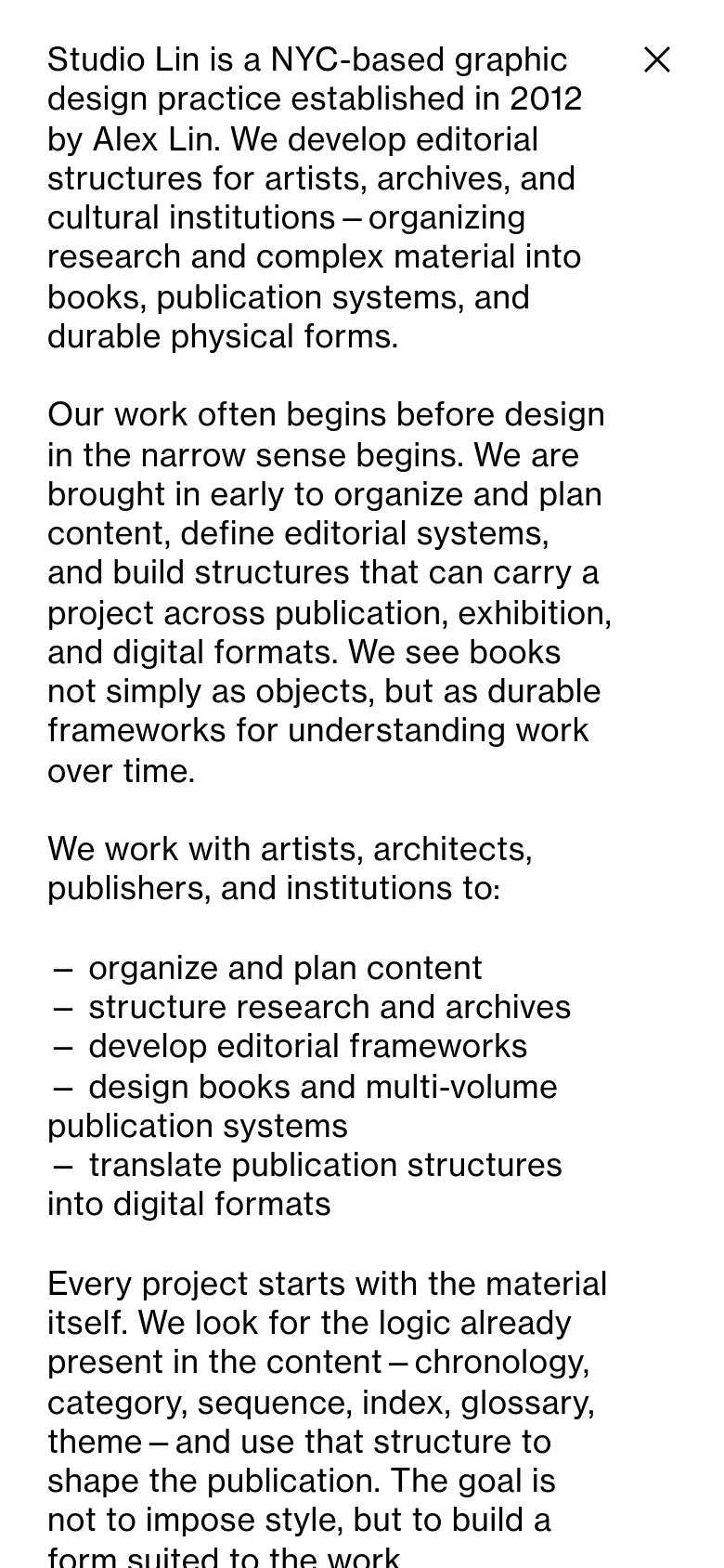 The mobile version maintains the minimalist black-and-white aesthetic but uses a single-column vertical scroll optimized for small screens. The text is larger for readability, and the layout is simplified to focus on the narrative text and lists without side margins.