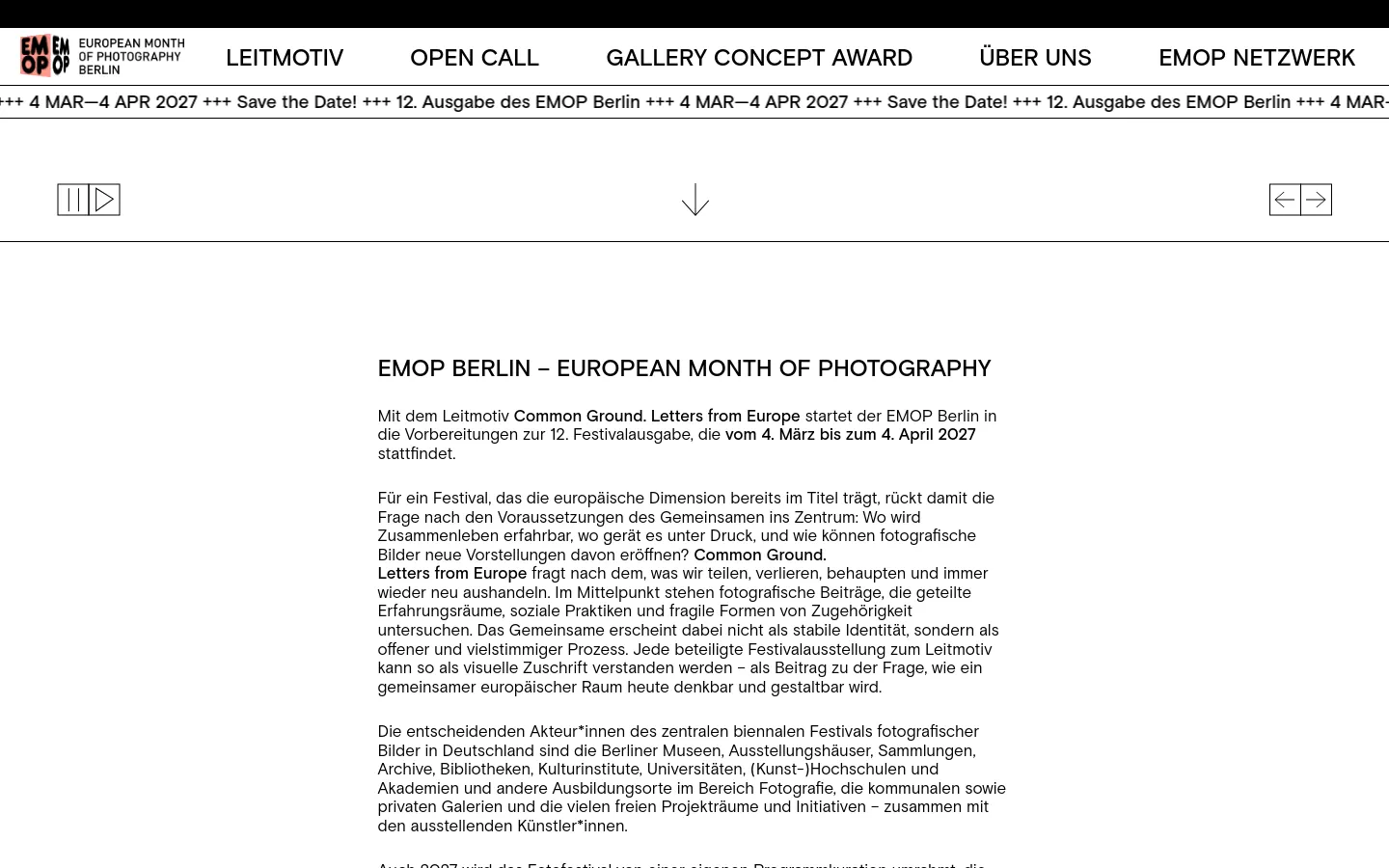 The desktop homepage features a clean white background with a top navigation menu containing links like 'LEITMOTIV' and 'OPEN CALL'. A large hero section displays a black and white photograph of a bird with a salmon-colored text box overlay stating 'EUROPEAN MONTH OF PHOTOGRAPHY 4 MAR—4 APR 2027 BERLIN'. Below this, a scrolling marquee and text sections describe the upcoming 12th edition of the festival.