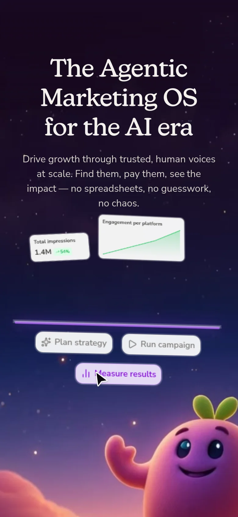 The mobile version presents a vertically stacked layout on a dark starry background, centering the large 'Agentic Marketing OS' headline and subheadline. The 'Start for free' and 'Watch the trailer' buttons are repositioned, and the dashboard metric cards and workflow buttons like 'Plan strategy' are scaled for a narrow screen, with the 3D character appearing at the bottom.