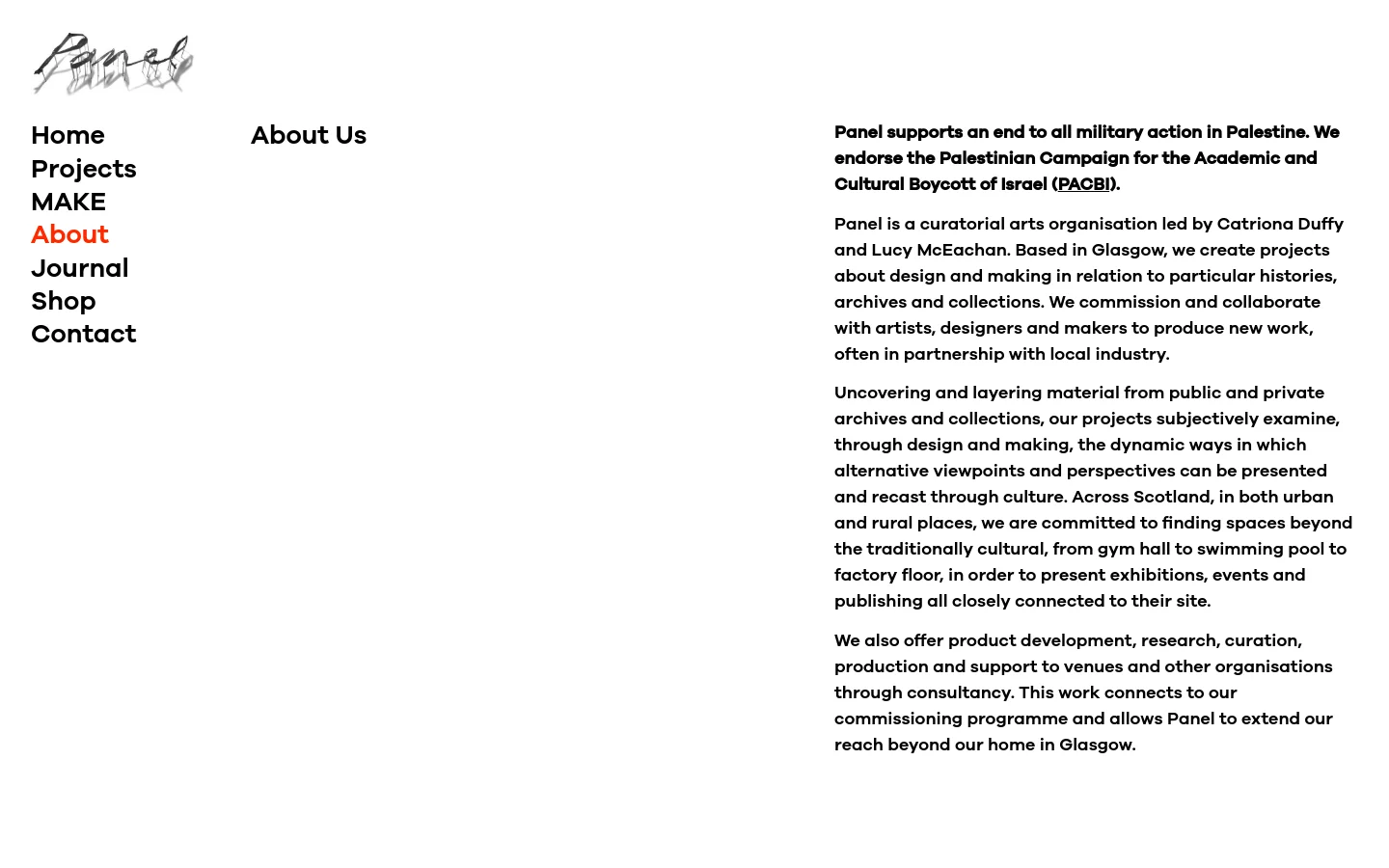 The desktop About page features a minimalist white layout with a sidebar navigation menu on the left containing links like Home, Projects, and About. The main content area displays the 'About Us' headline, a political endorsement statement in bold, and several paragraphs of text describing the curatorial practice. A large, grainy black and white film still image is positioned below the introductory text.