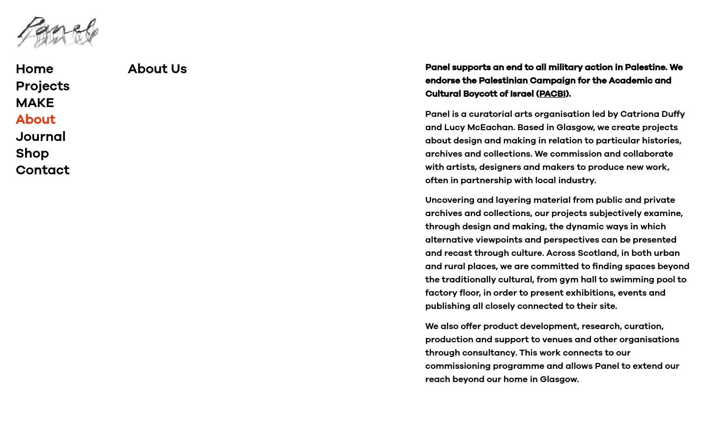 The desktop About page features a minimalist white layout with a sidebar navigation menu on the left containing links like Home, Projects, and About. The main content area displays the 'About Us' headline, a political endorsement statement in bold, and several paragraphs of text describing the curatorial practice. A large, grainy black and white film still image is positioned below the introductory text.